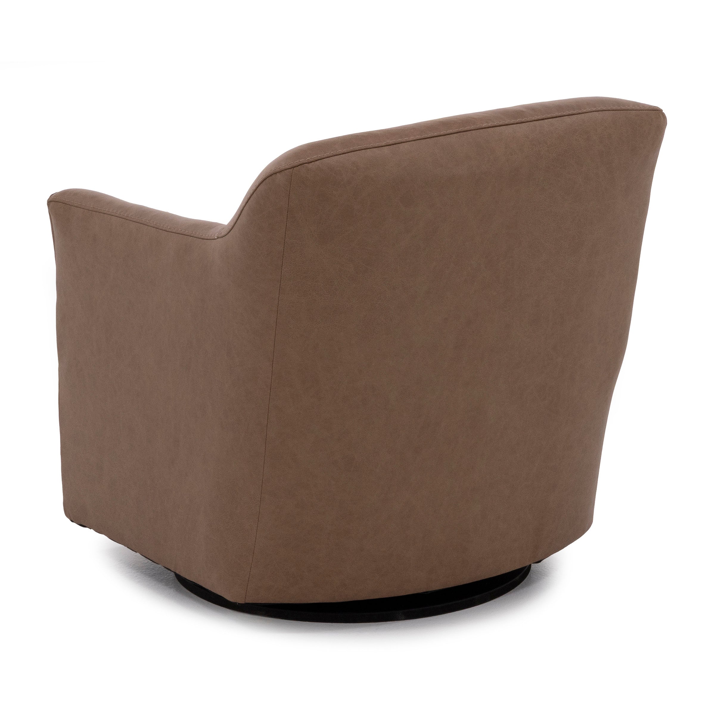Back view of a modern brown swivel chair with a rounded design.