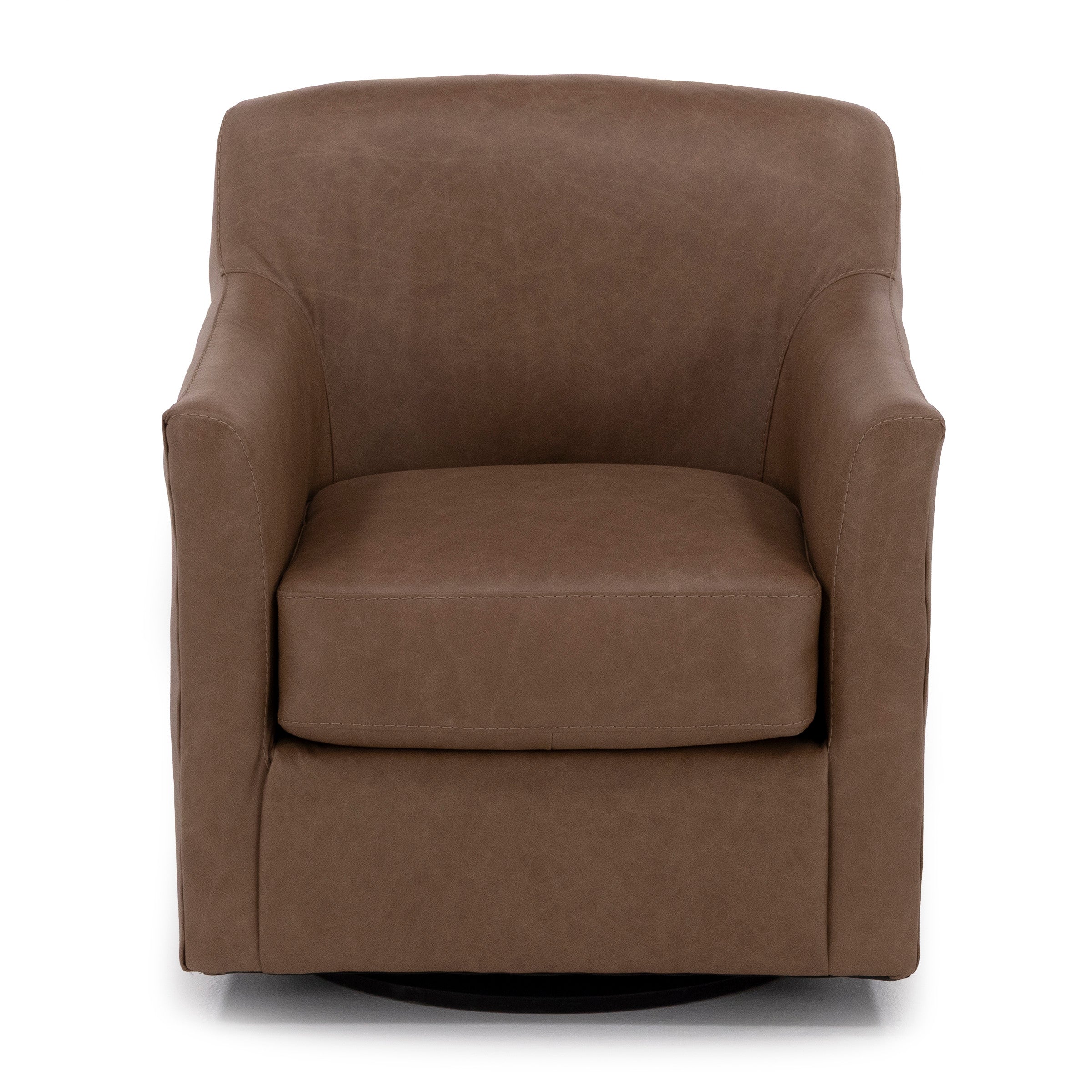 Brown leather swivel armchair with cushioned seat and back, shown from the front.