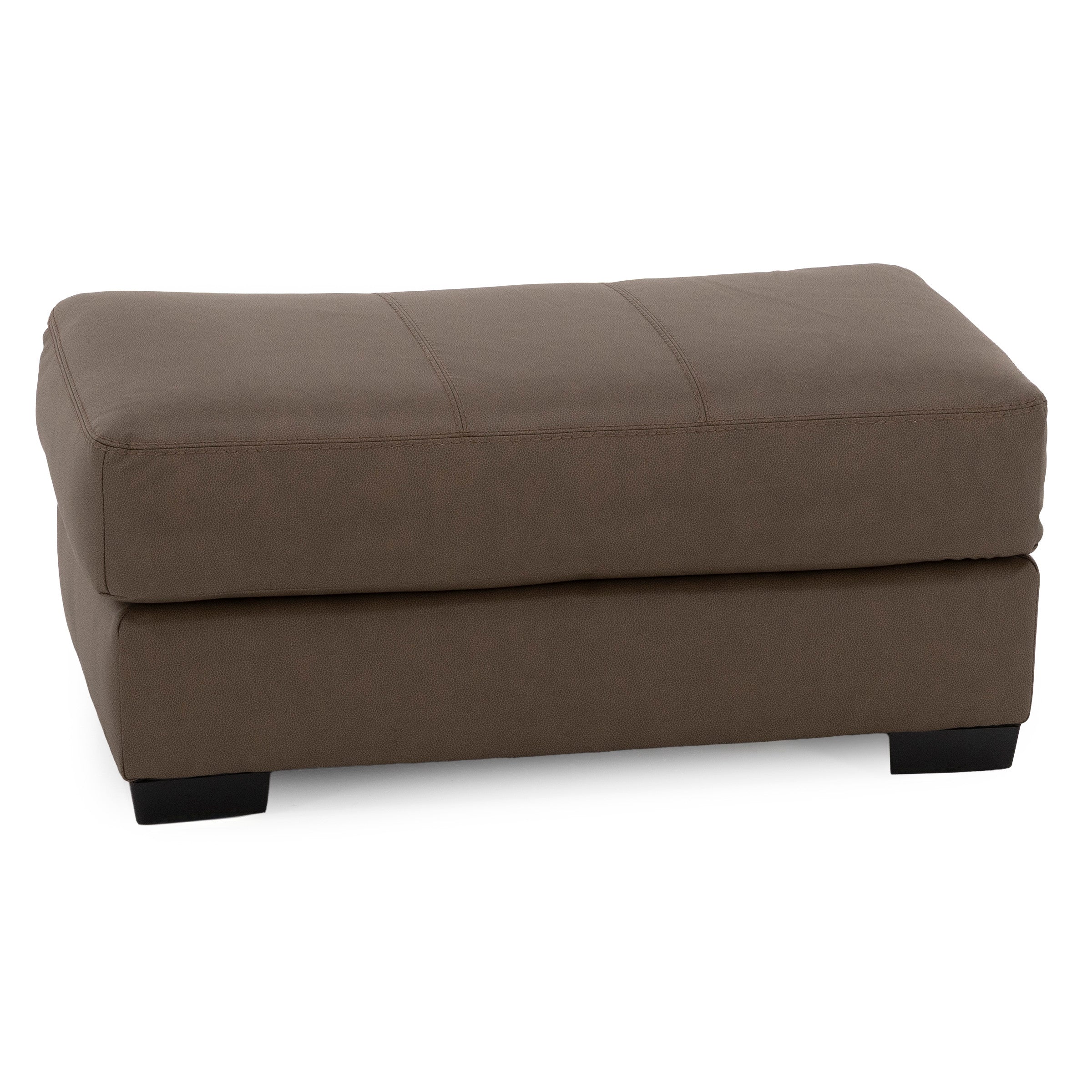 Rectangular brown upholstered ottoman with short black legs.