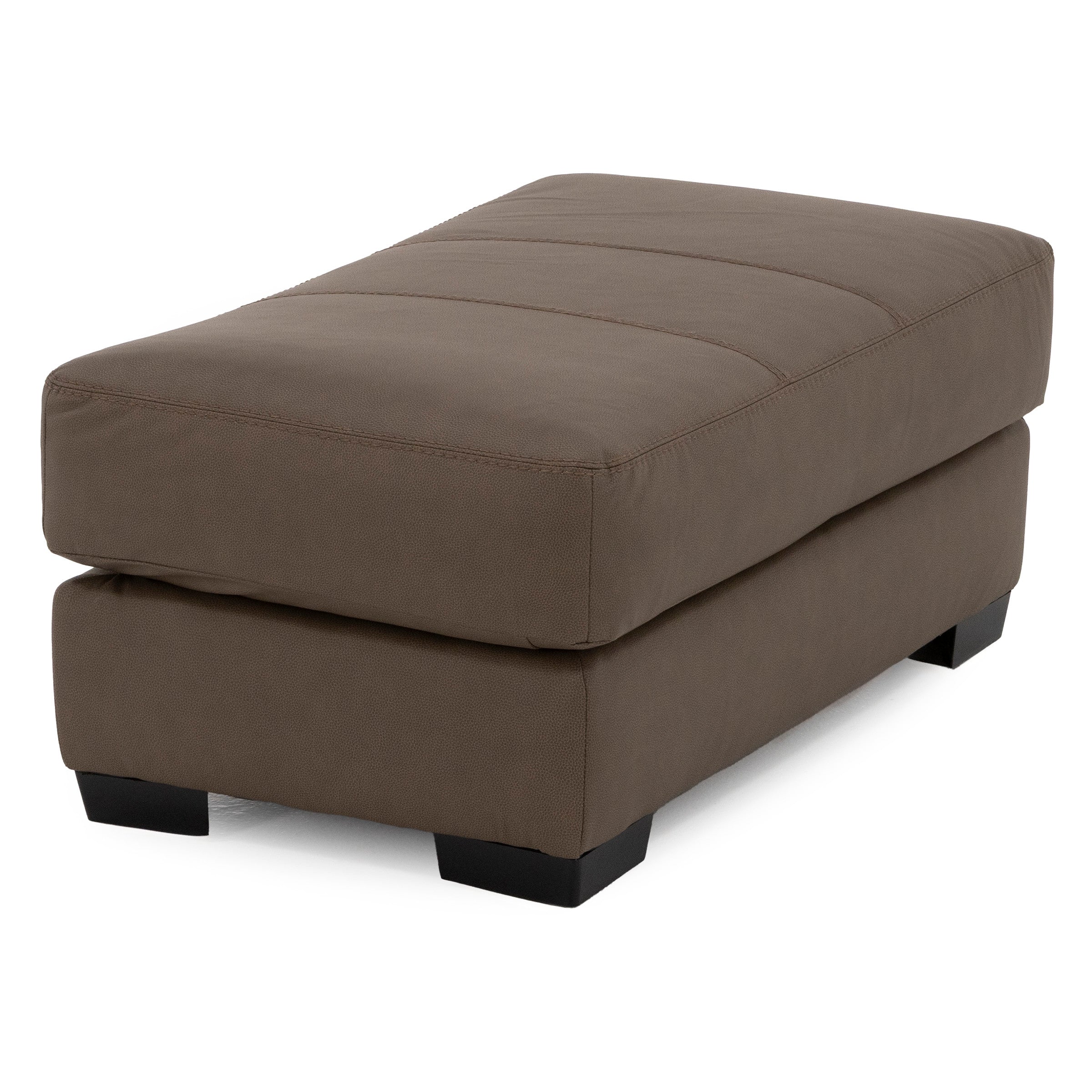 Brown upholstered ottoman with short black legs.