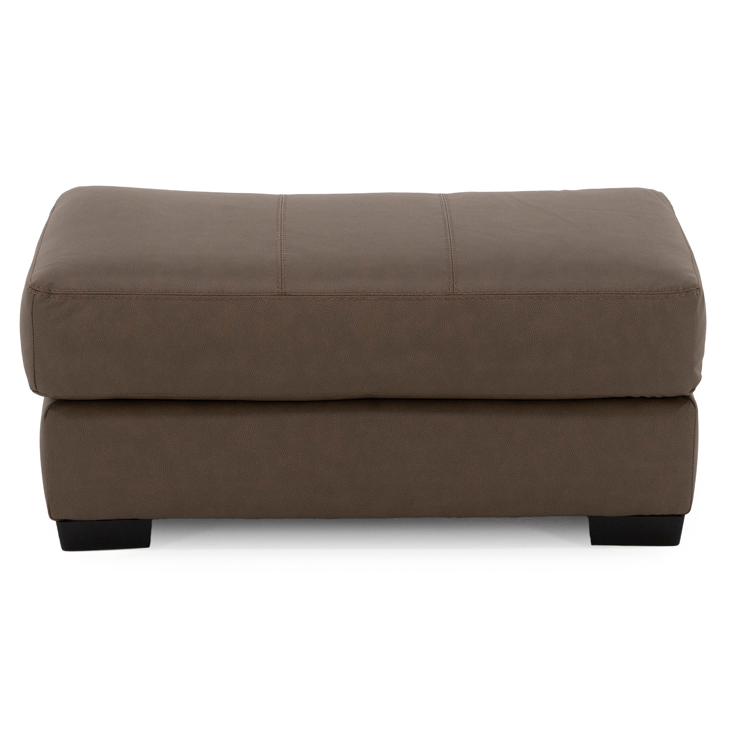 Rectangular brown upholstered ottoman with block legs, shown from the front.