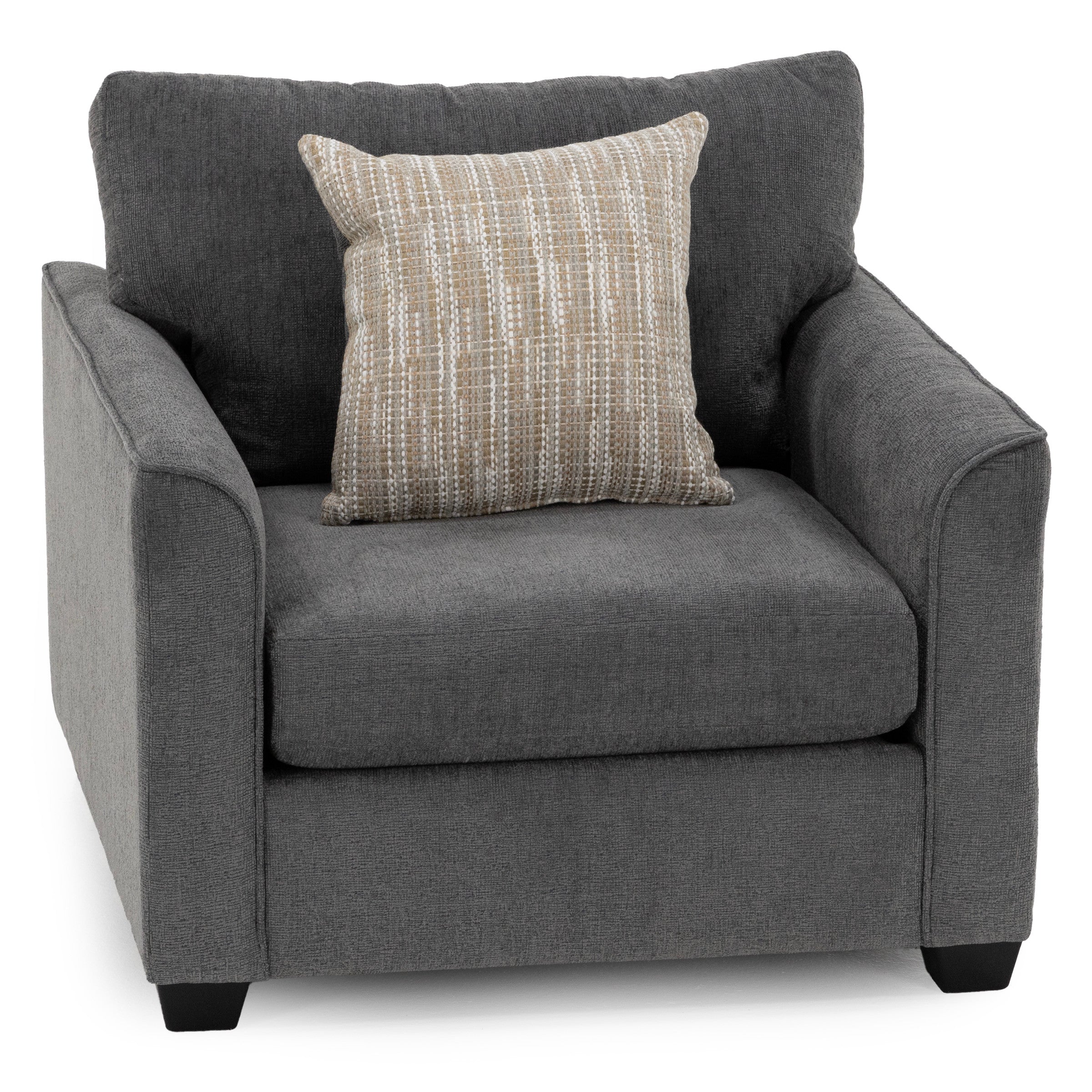Gray upholstered armchair with a patterned beige accent pillow.