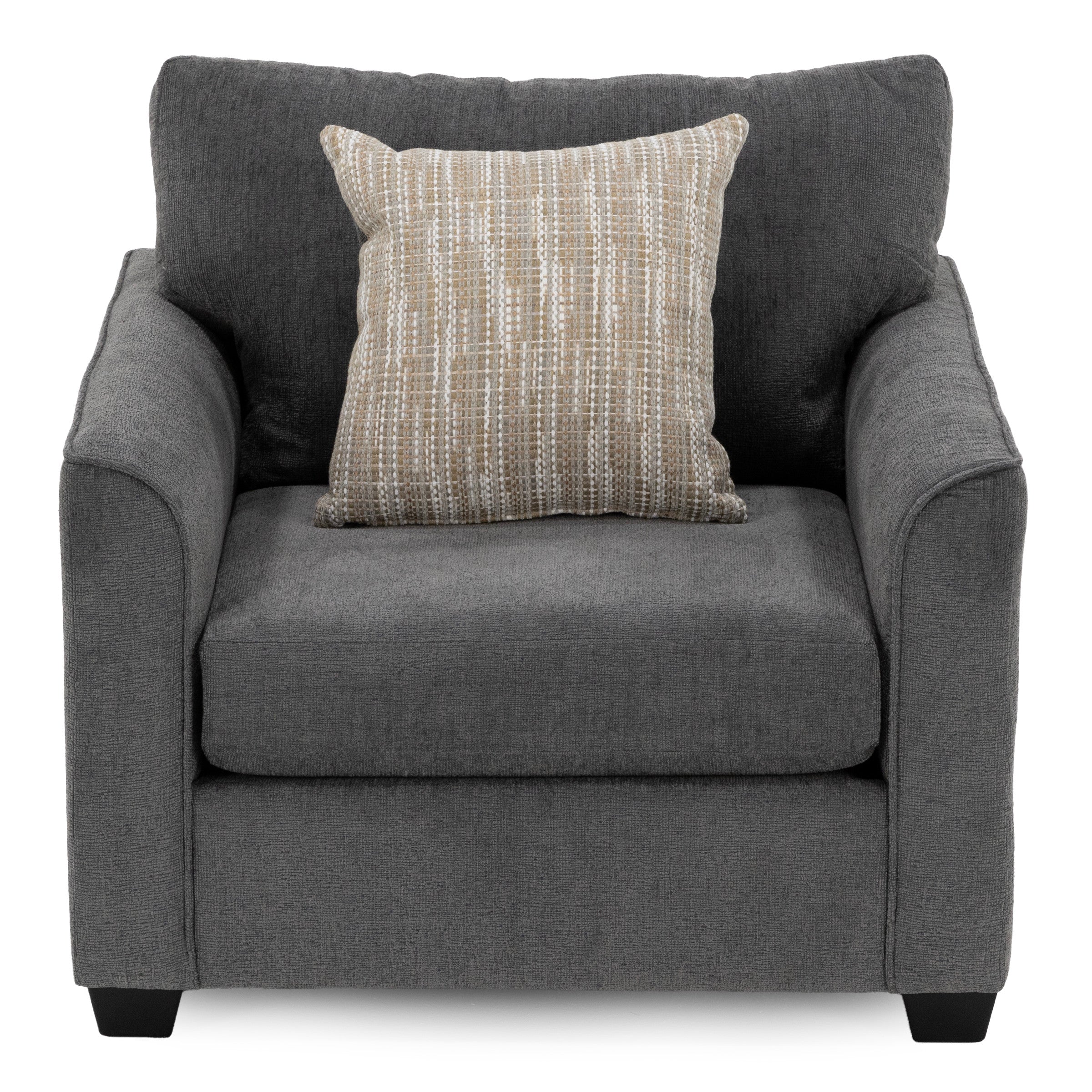 Gray upholstered armchair with a patterned beige throw pillow.