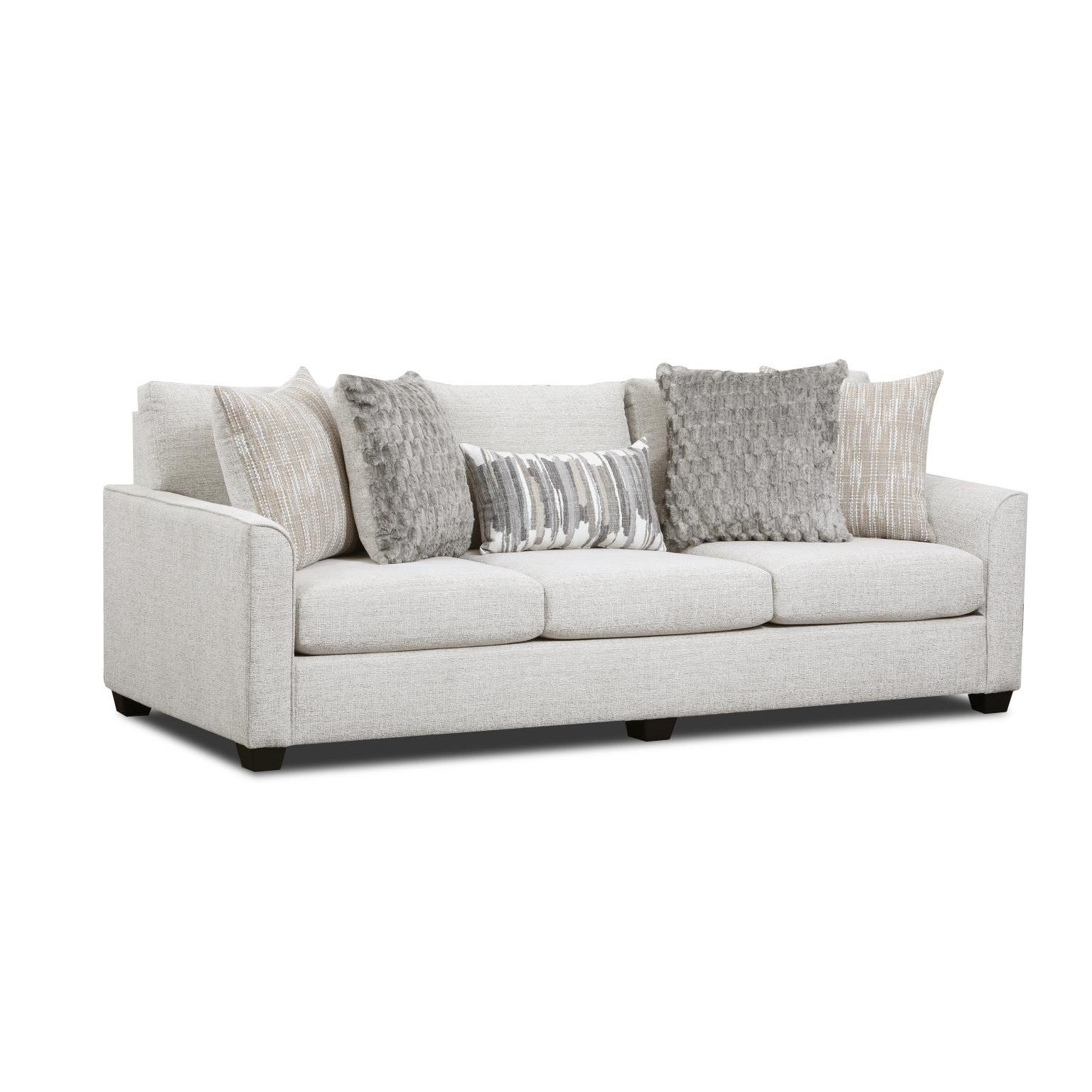Light gray fabric sofa with five decorative pillows, shown against a white background.