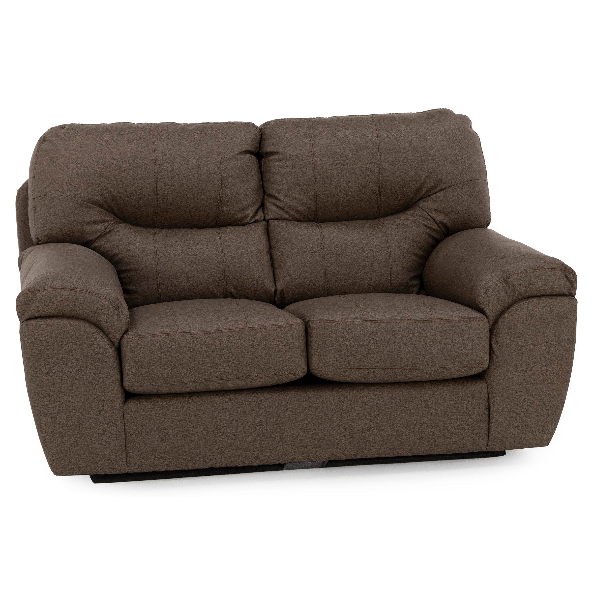Brown two-seat loveseat with plush cushions and wide armrests.