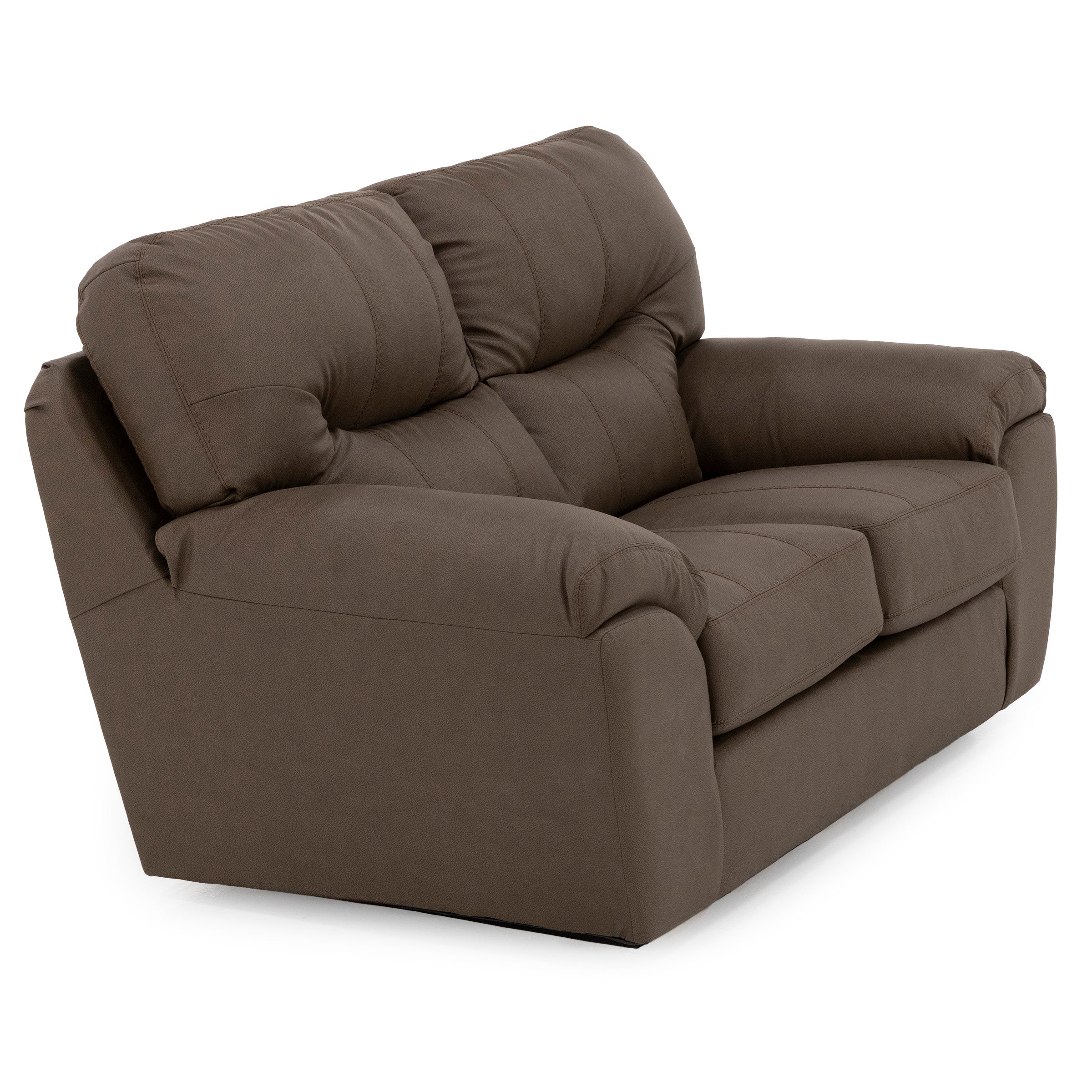 Brown upholstered loveseat with plush cushions and wide armrests.