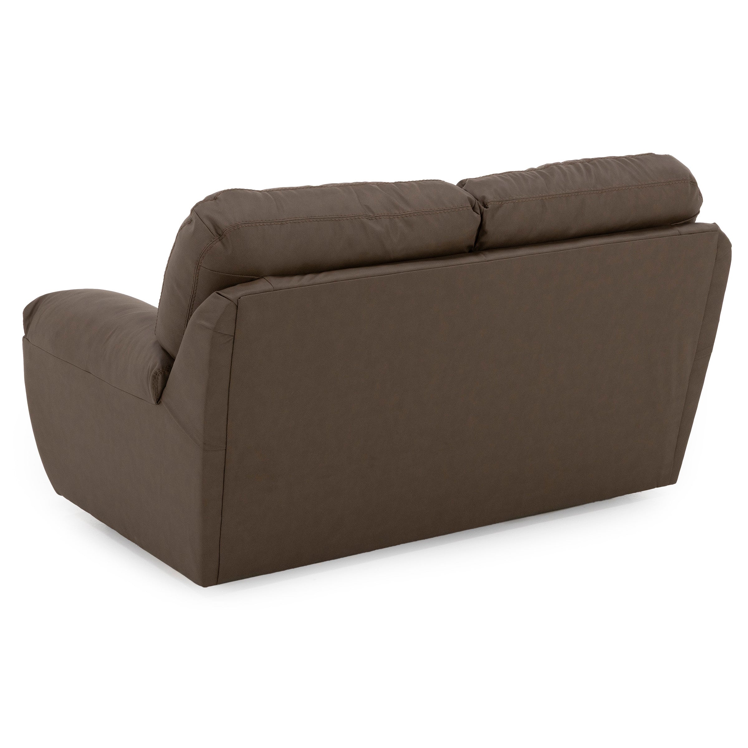 Back view of a brown upholstered loveseat with cushion seats and arms.