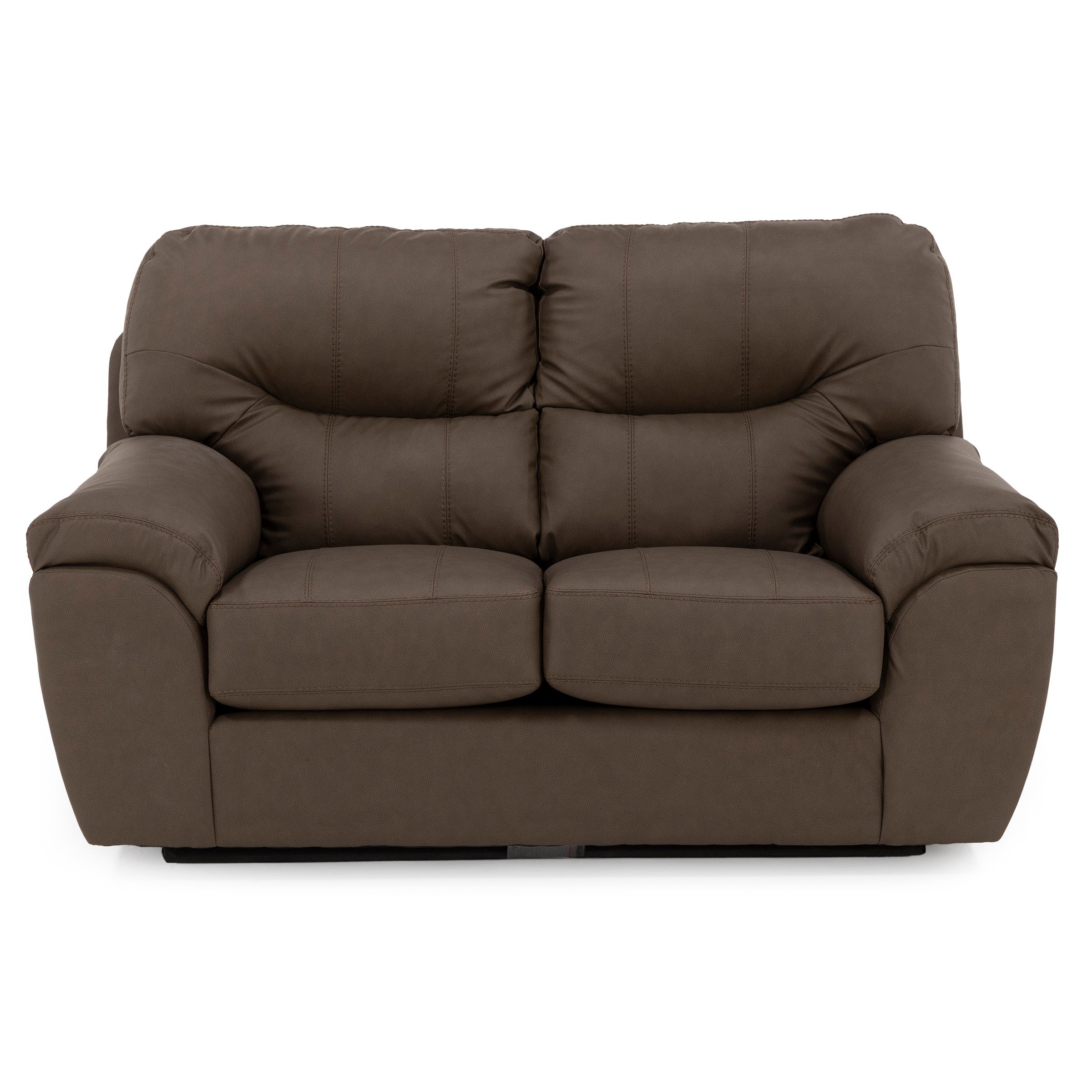 Brown two-seat loveseat sofa with plush cushions and wide armrests.