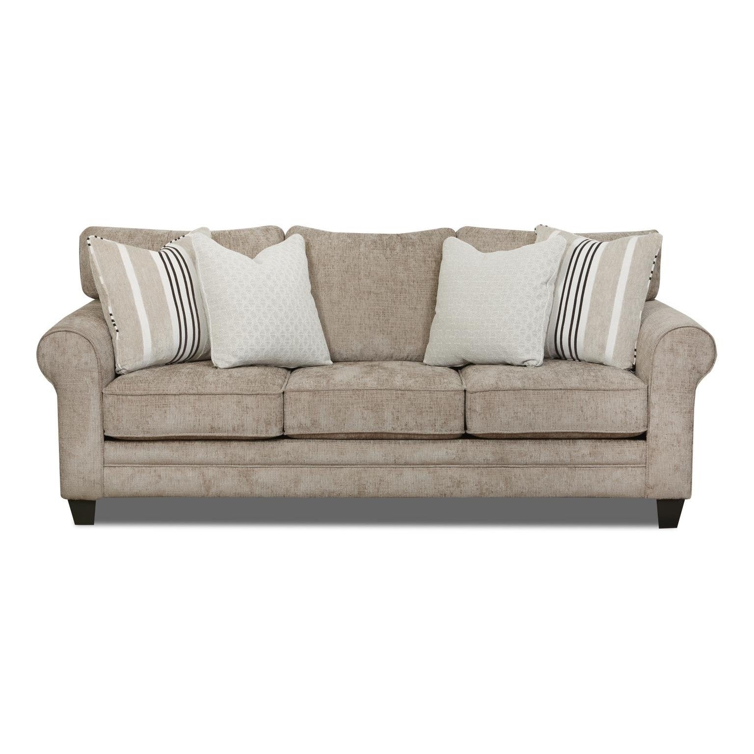 Beige fabric sofa with three seat cushions and four decorative pillows in neutral tones.