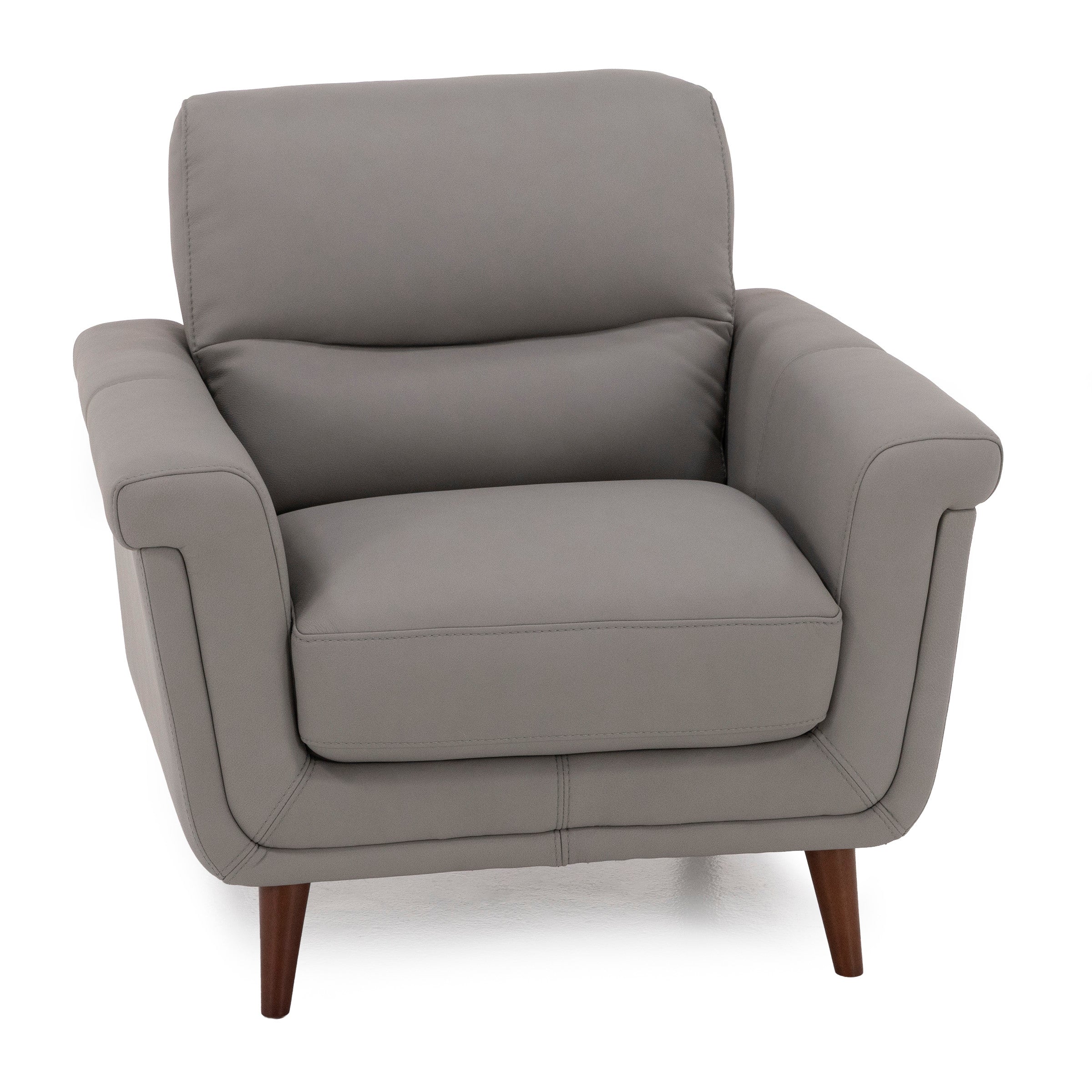Gray armchair with wide cushions and wooden legs, viewed from the front.