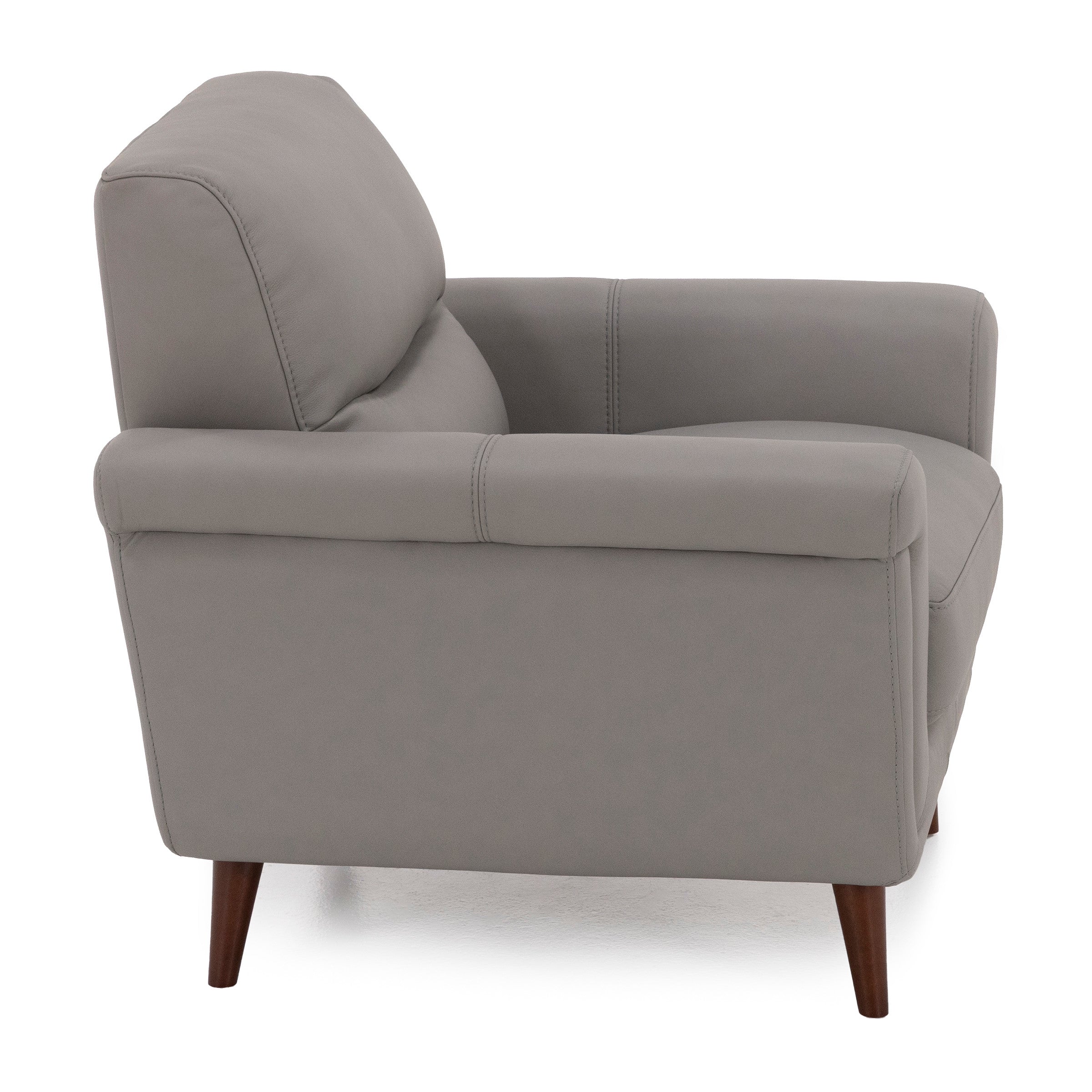 Side view of a modern gray armchair with wooden legs.