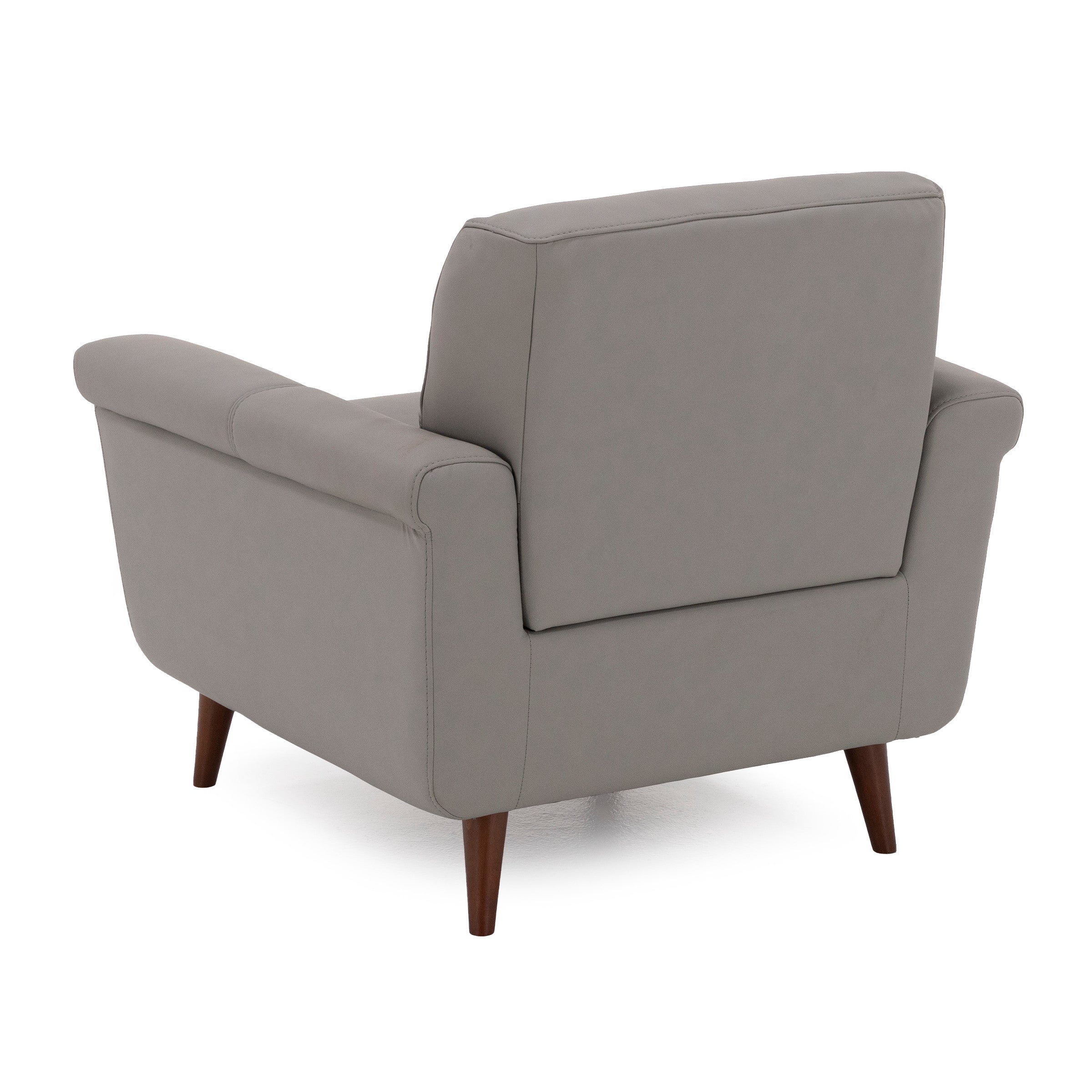 Back view of a gray armchair with wooden legs.