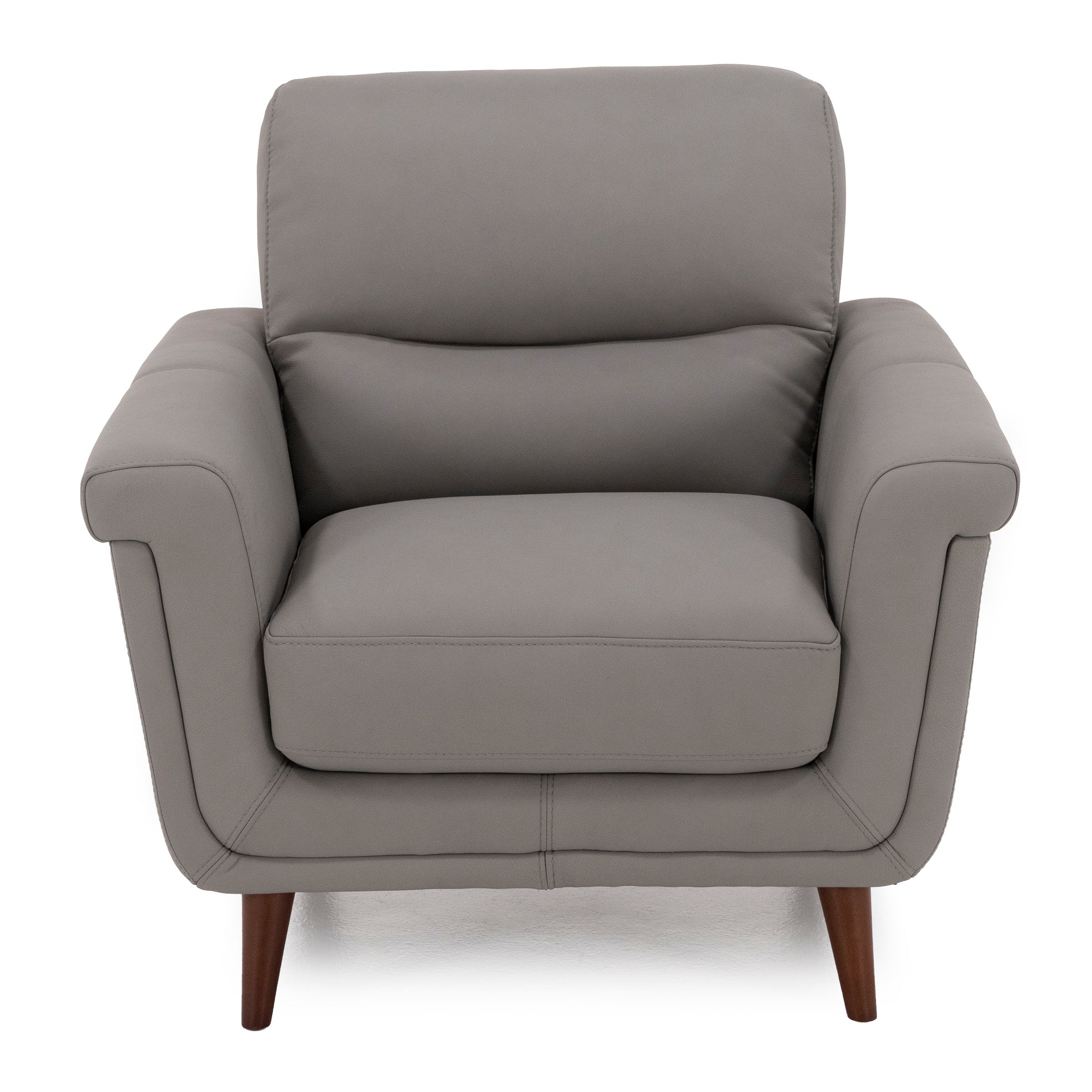 Gray modern armchair with wooden legs, front view.