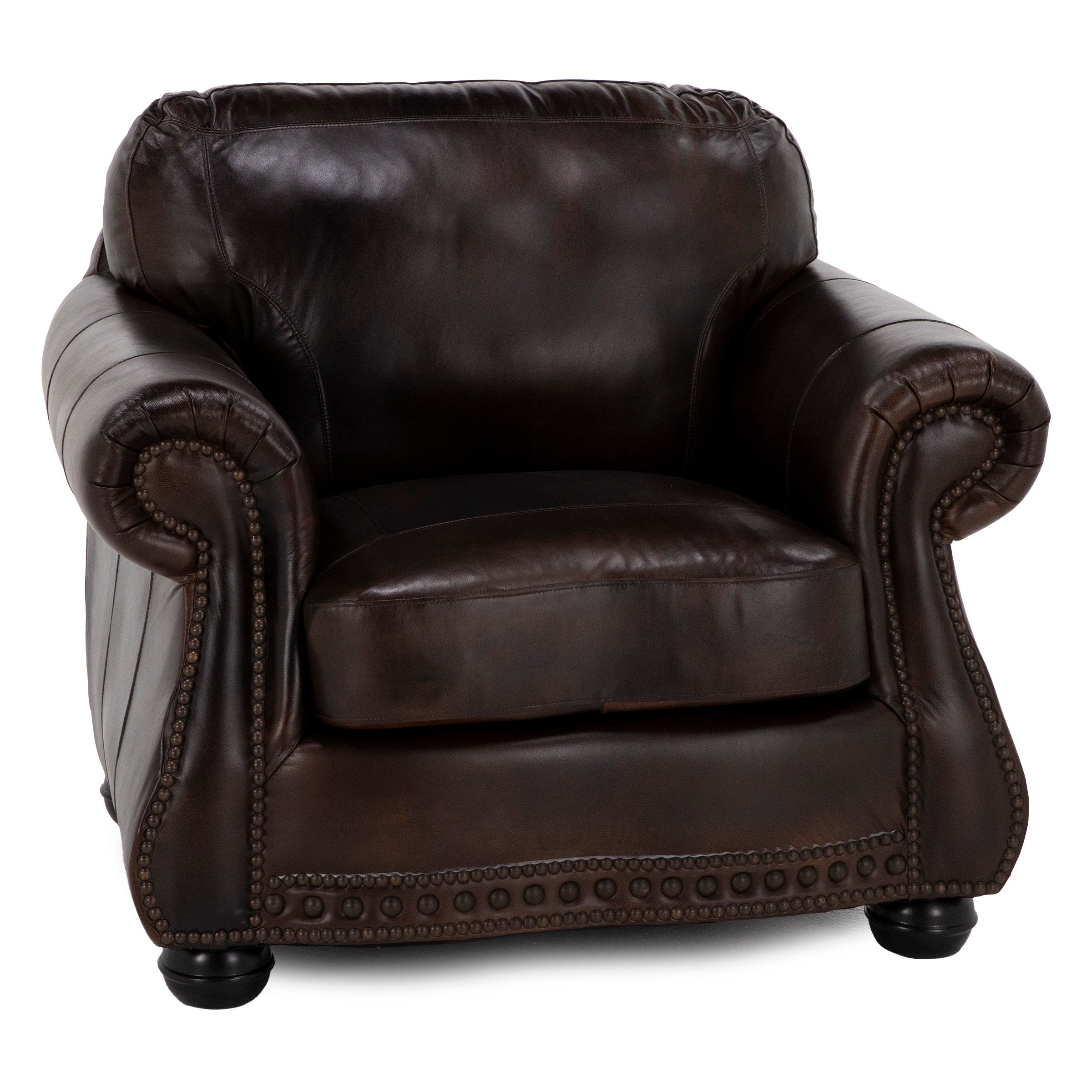 Dark brown leather armchair with rolled arms and nailhead trim.