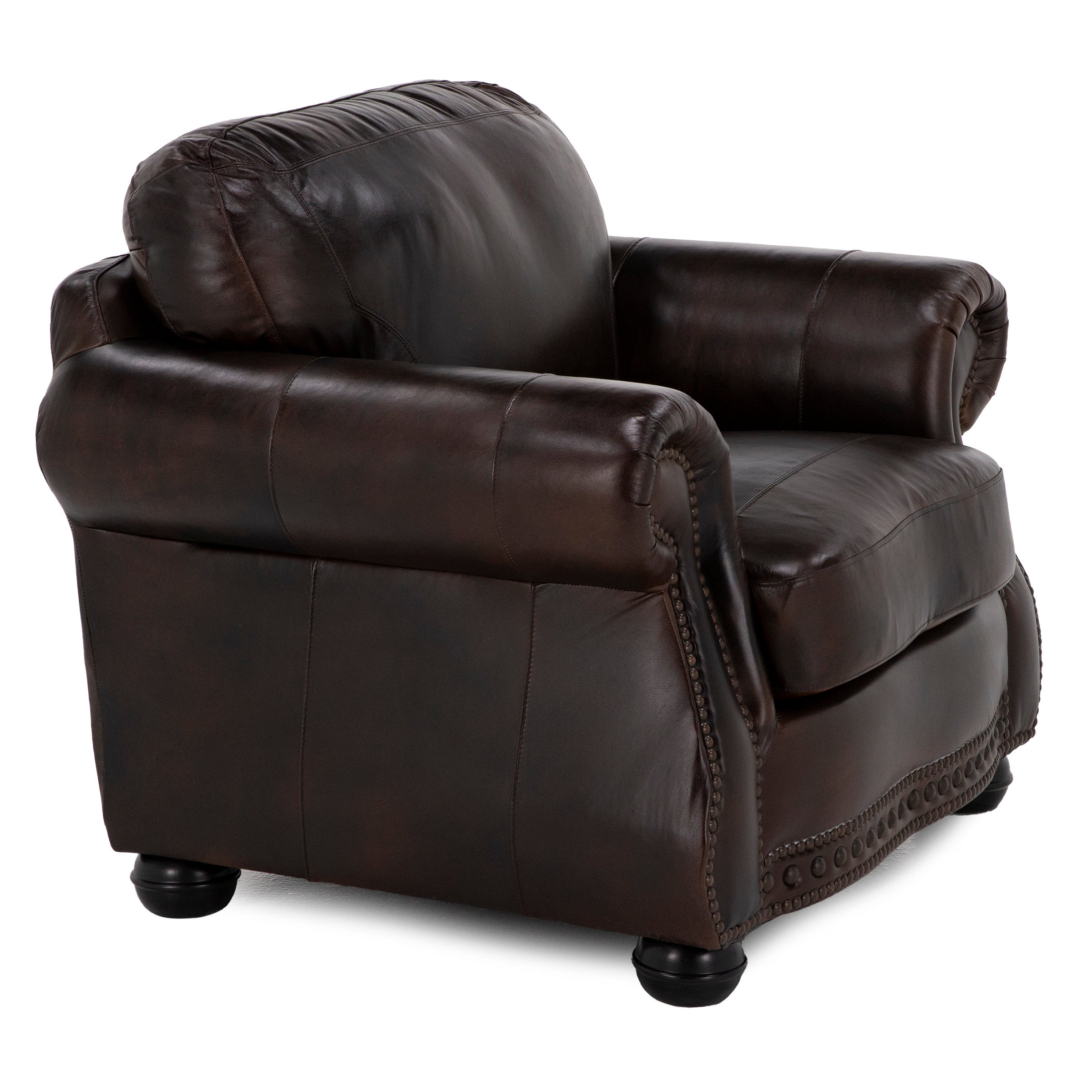 Dark brown leather armchair with wide arms and rounded feet.