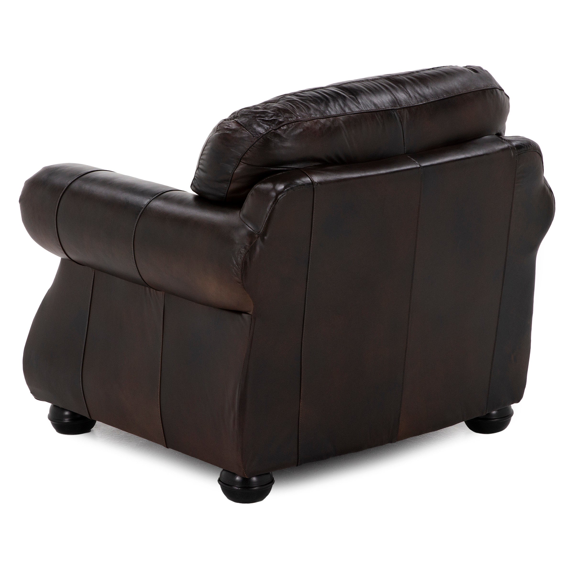 Back view of a dark brown leather armchair with rounded legs.