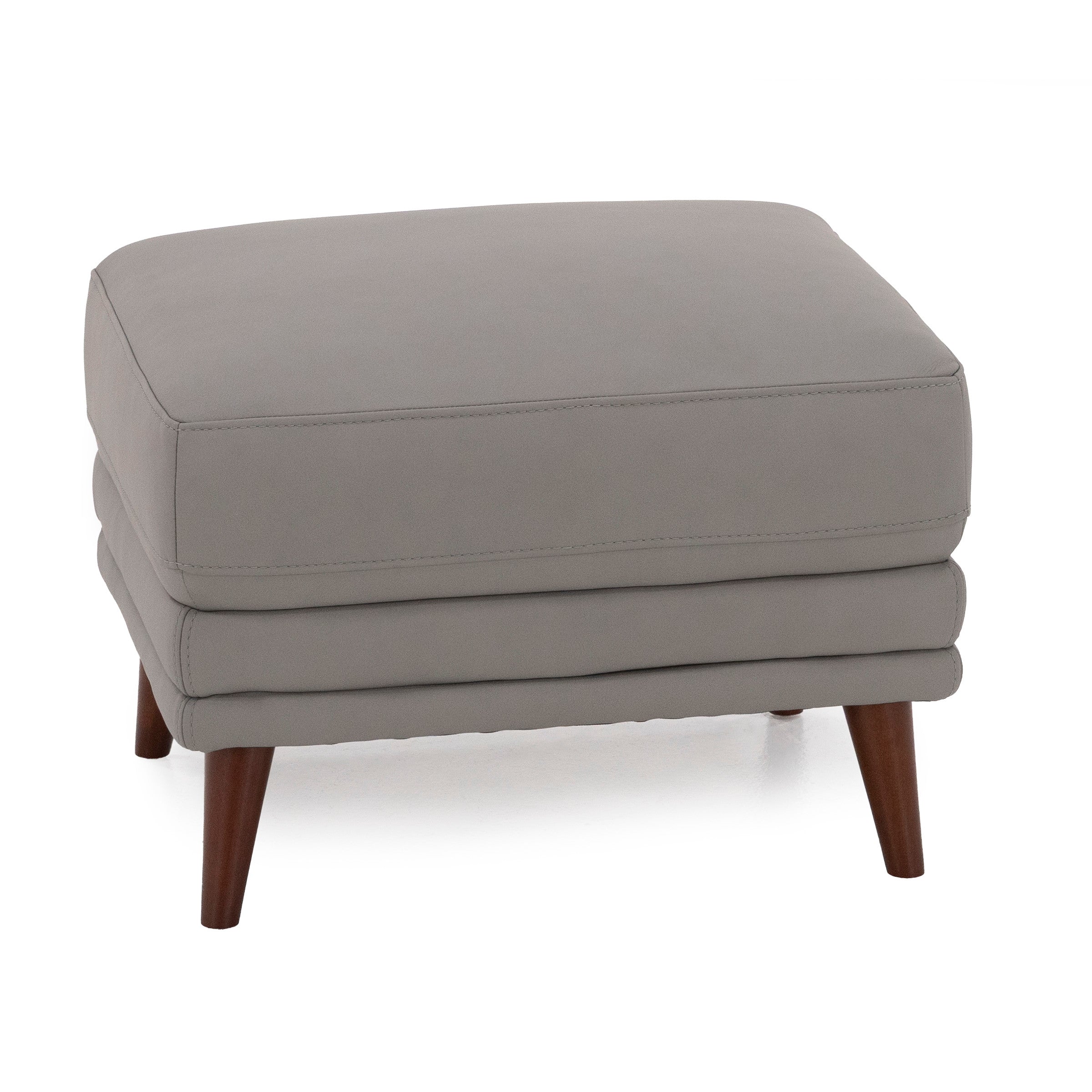 Light gray upholstered ottoman with angled wooden legs.
