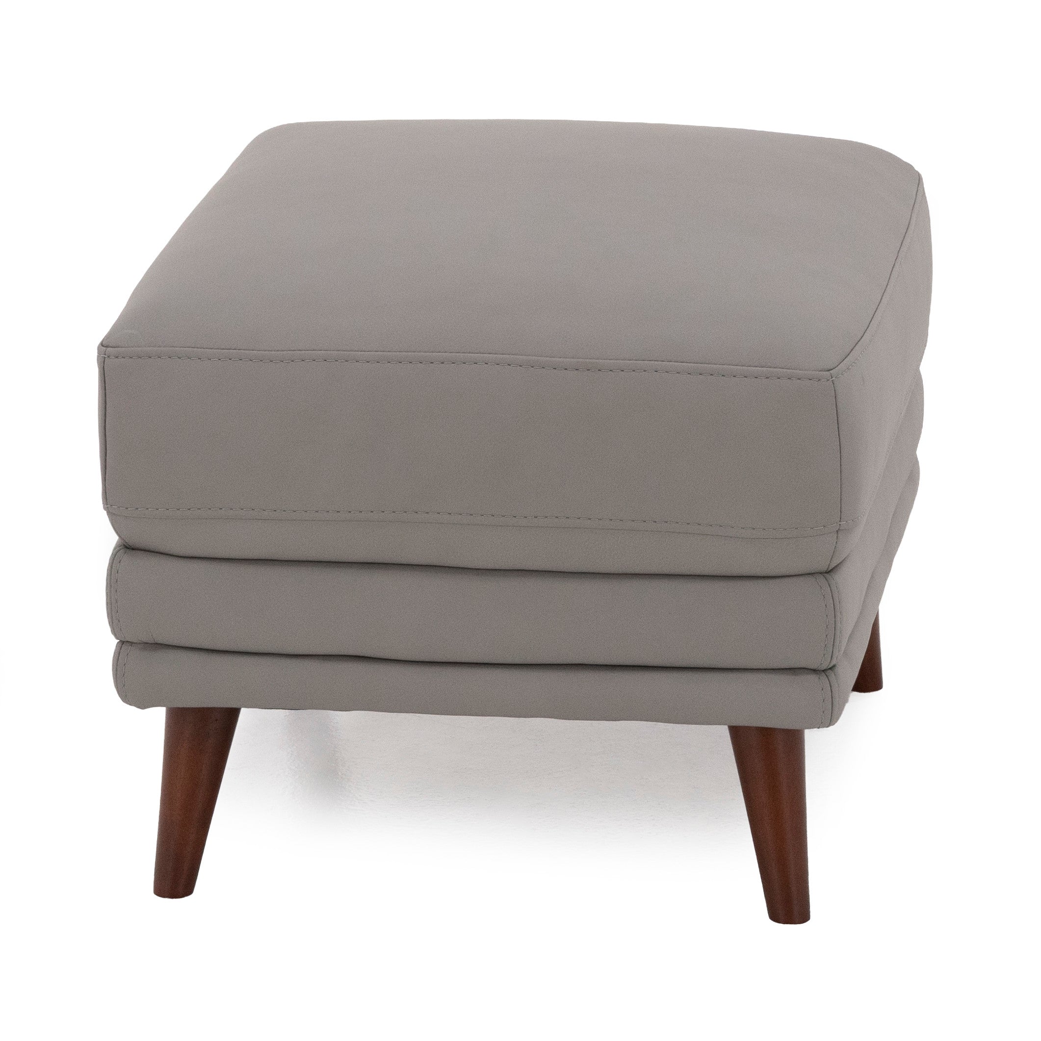 Gray upholstered ottoman with wooden legs, modern style.