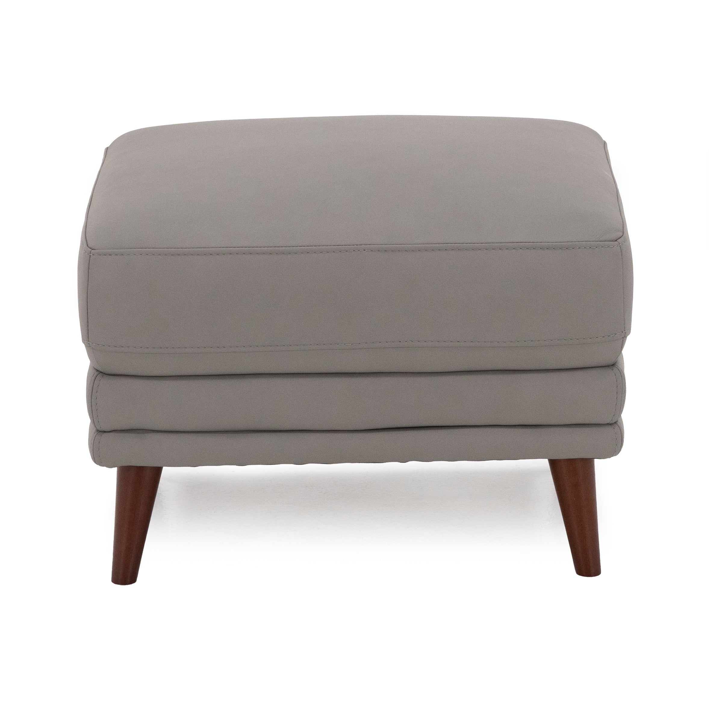 Gray square ottoman with wooden legs, front view.