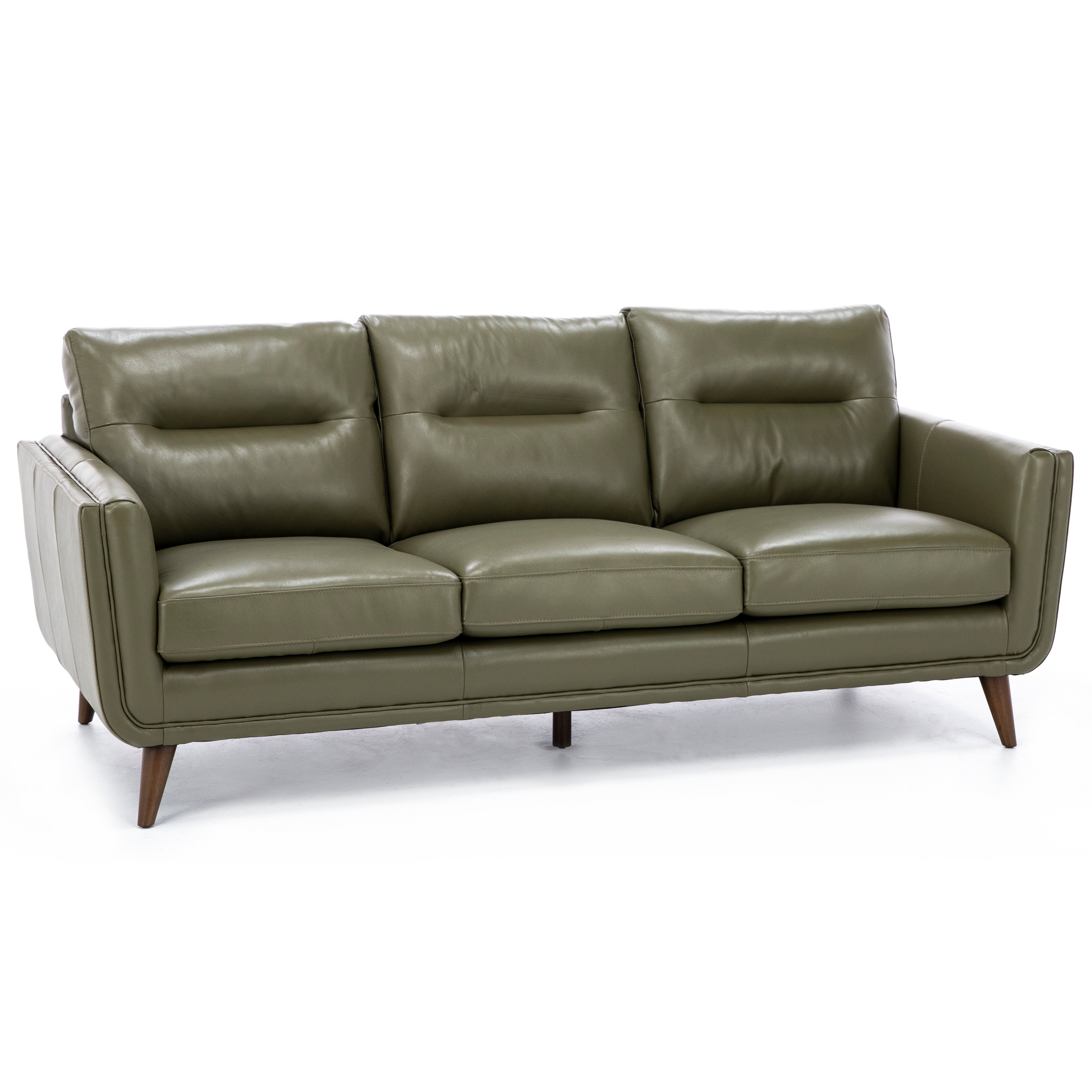 Olive green leather sofa with three seat cushions and wooden legs.