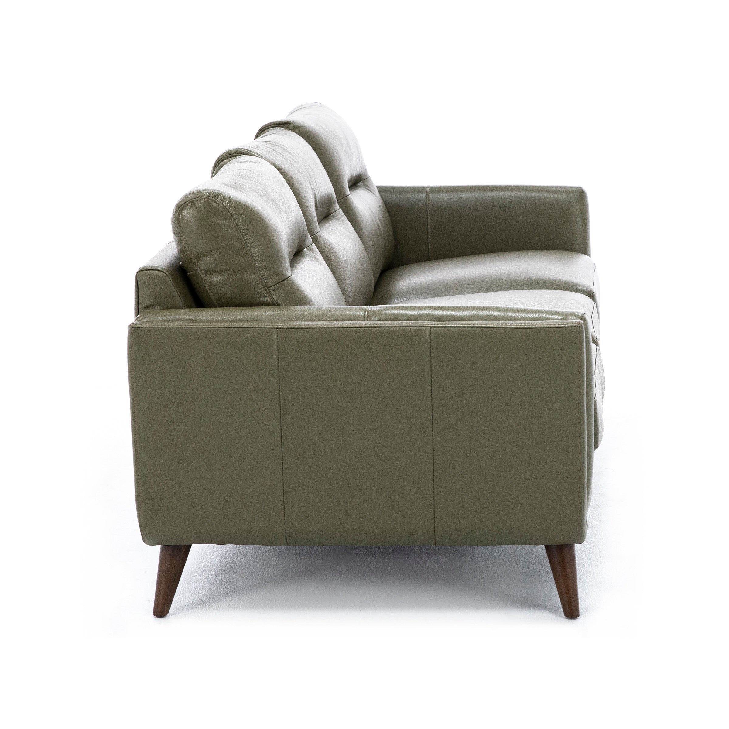 Side view of an olive green leather sofa with wooden legs.