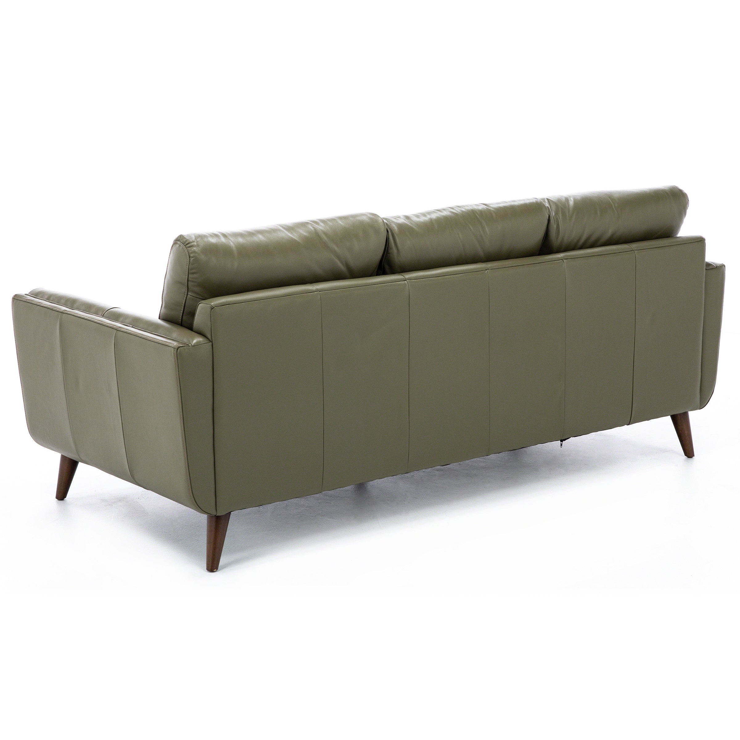 Back view of olive green leather sofa with wooden legs.