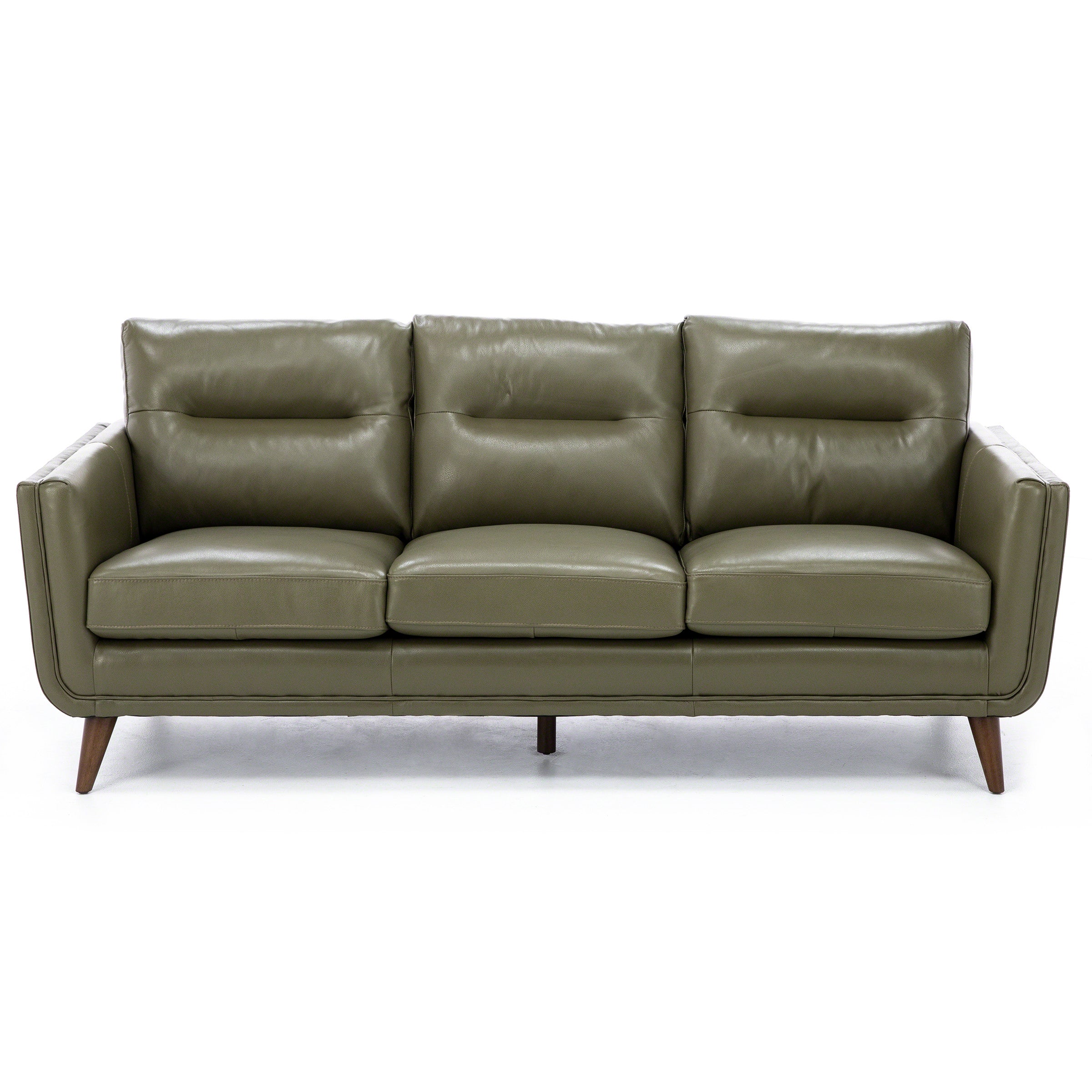 Modern green leather sofa with three seat cushions and wooden legs.