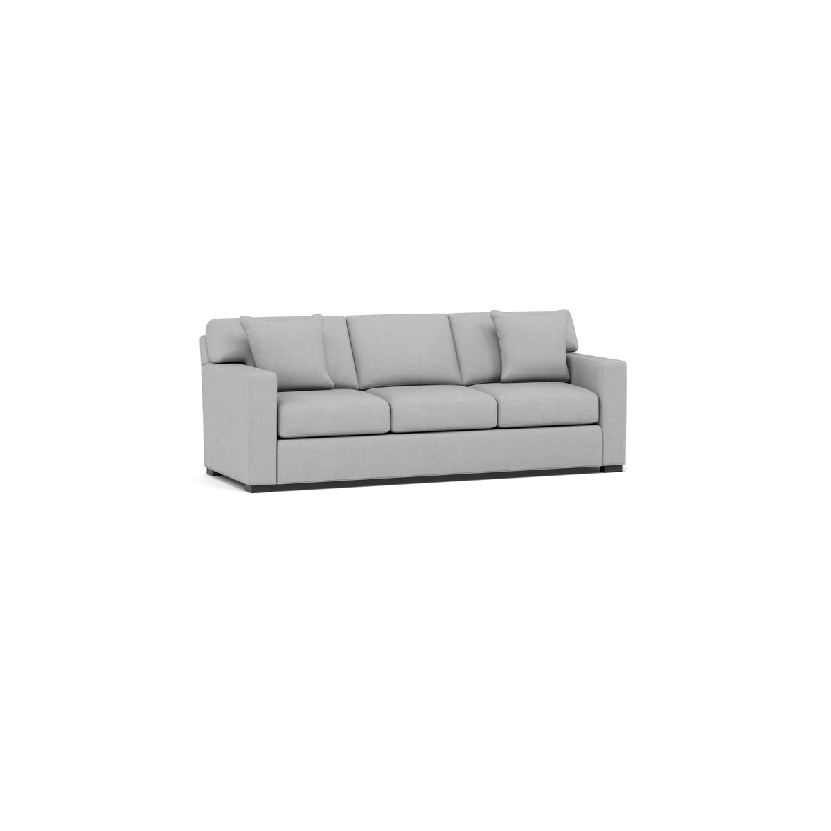 Light gray three-seat sofa with square arms and loose back cushions.