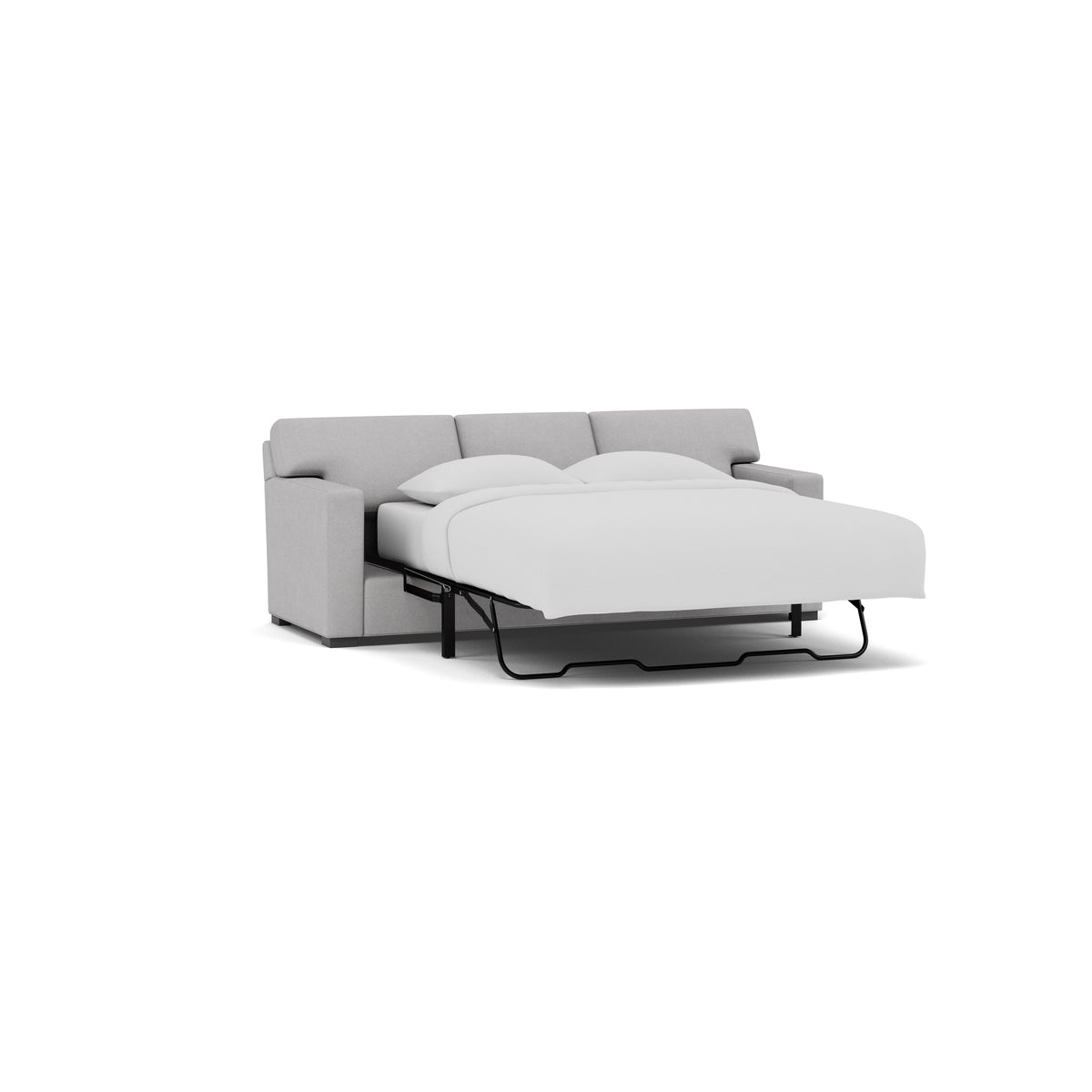 Light gray sofa bed with mattress extended, shown on a white background.