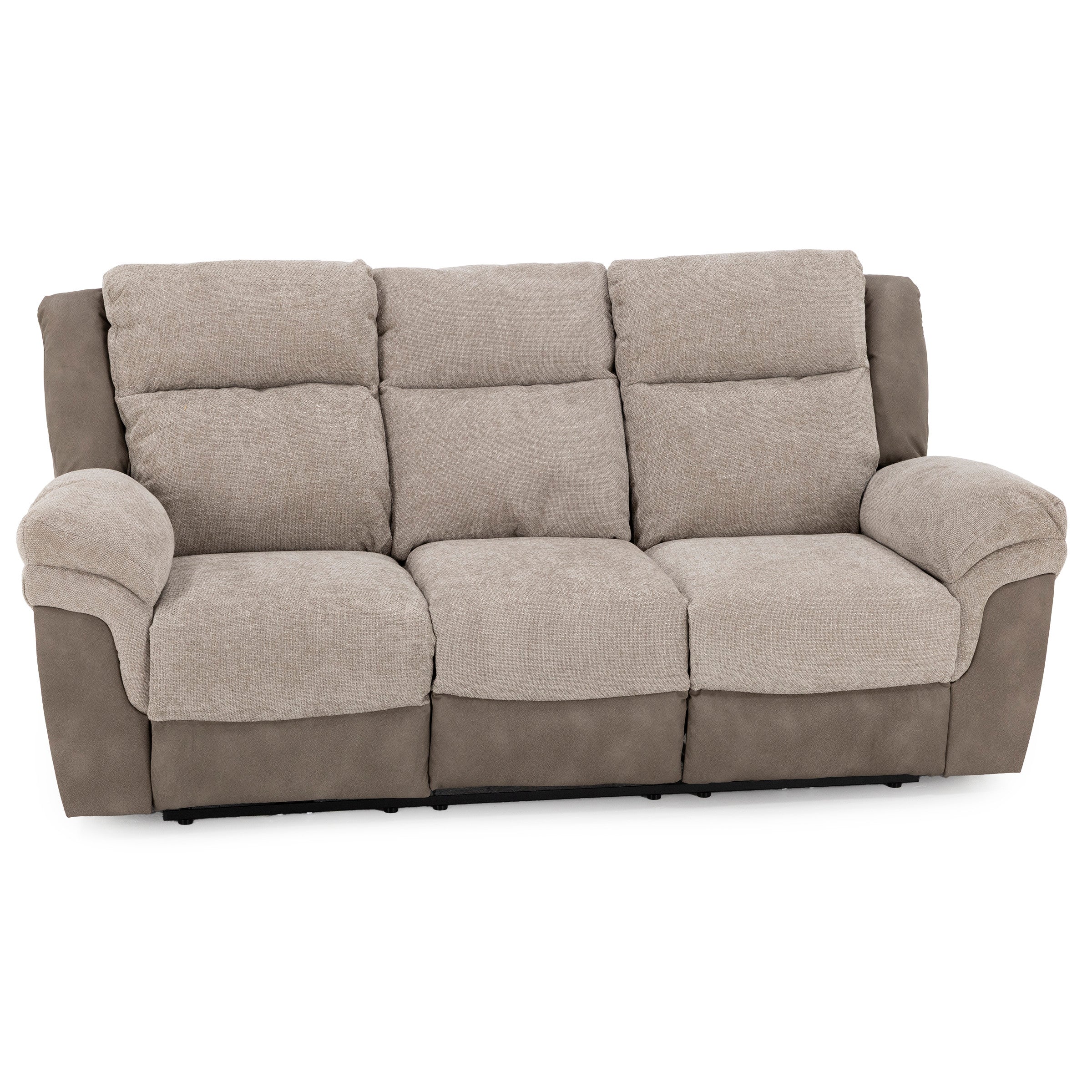 Beige and brown three-seat sofa with plush cushions and wide armrests.