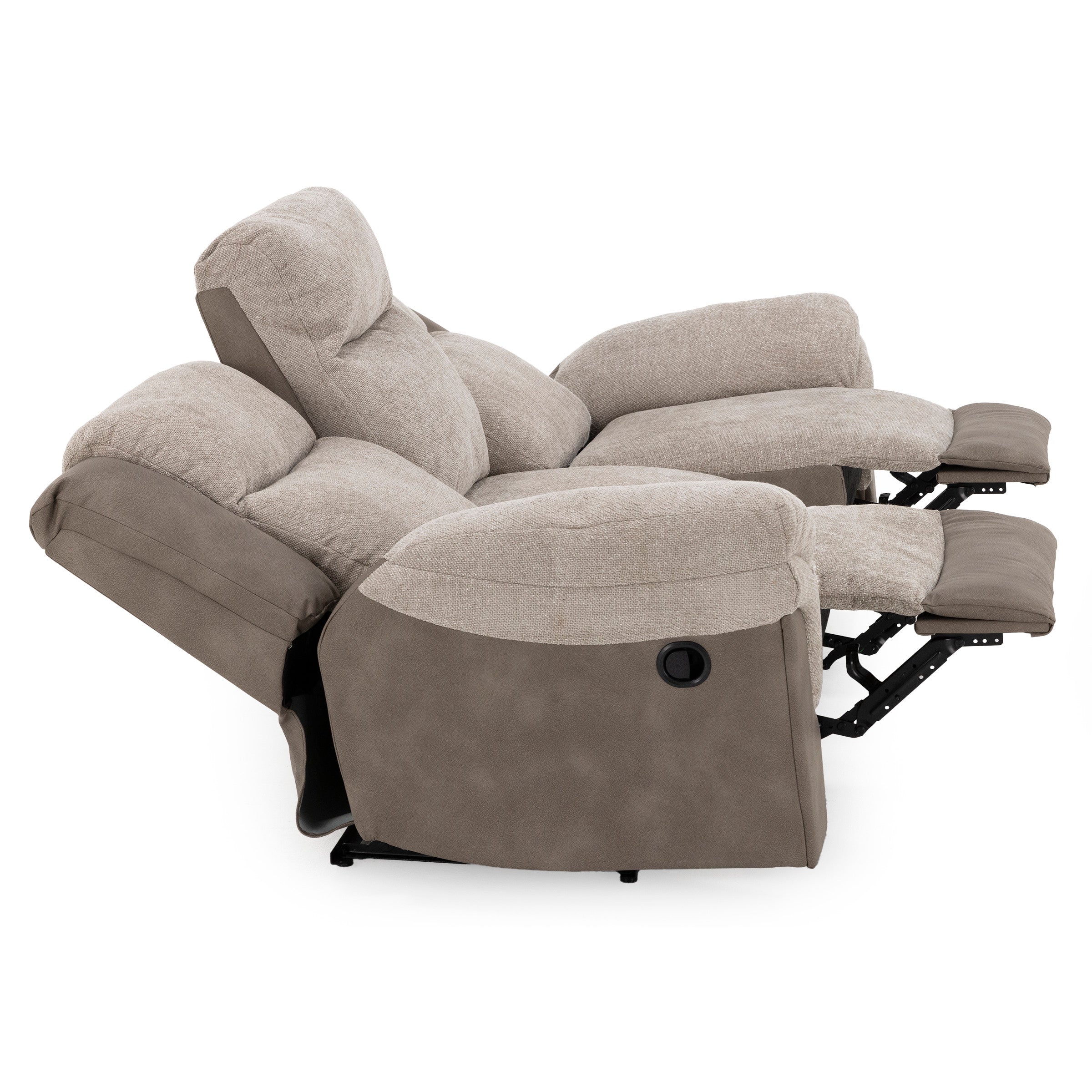 Side view of a beige recliner chair in a fully reclined position.