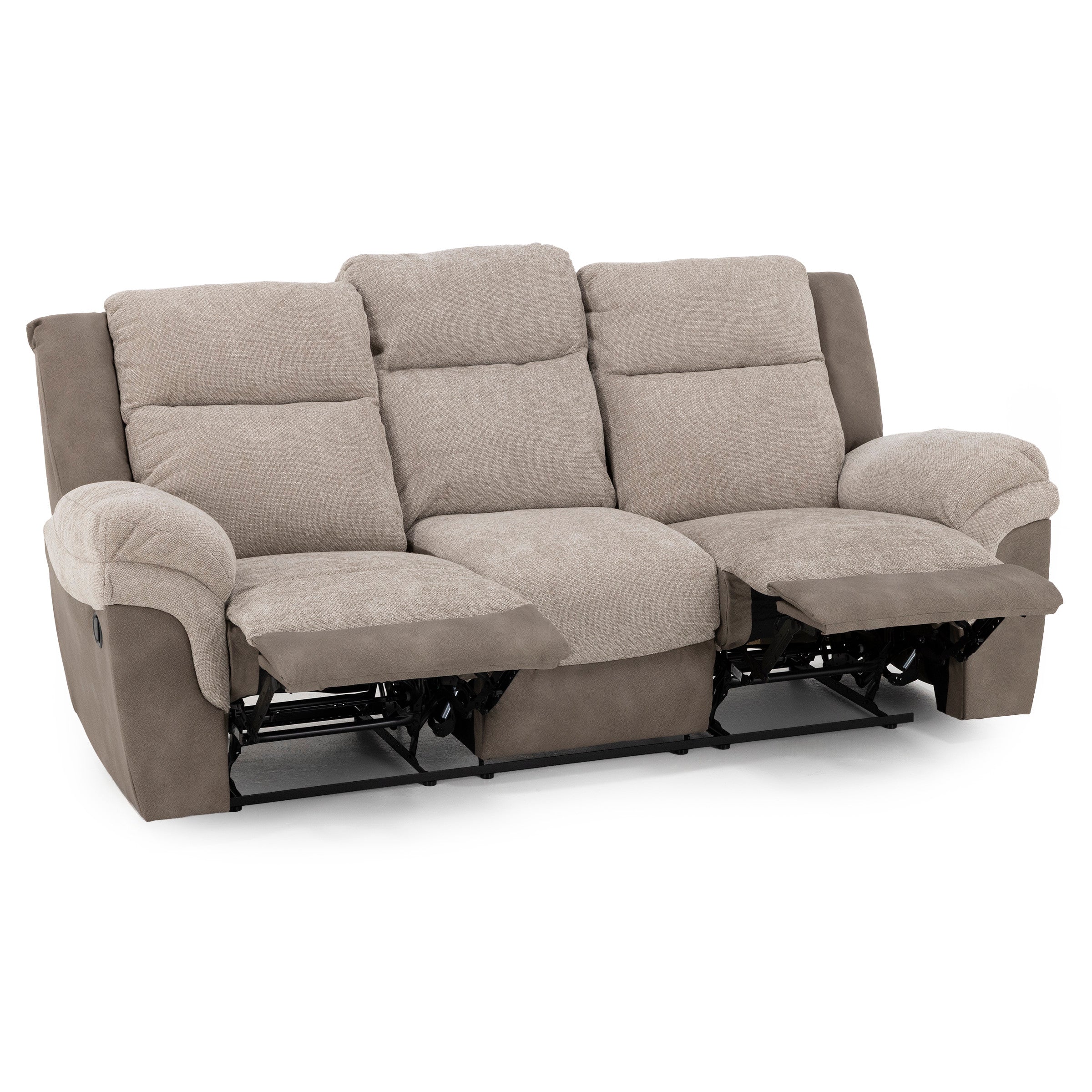 Light brown three-seat reclining sofa with extended footrests.