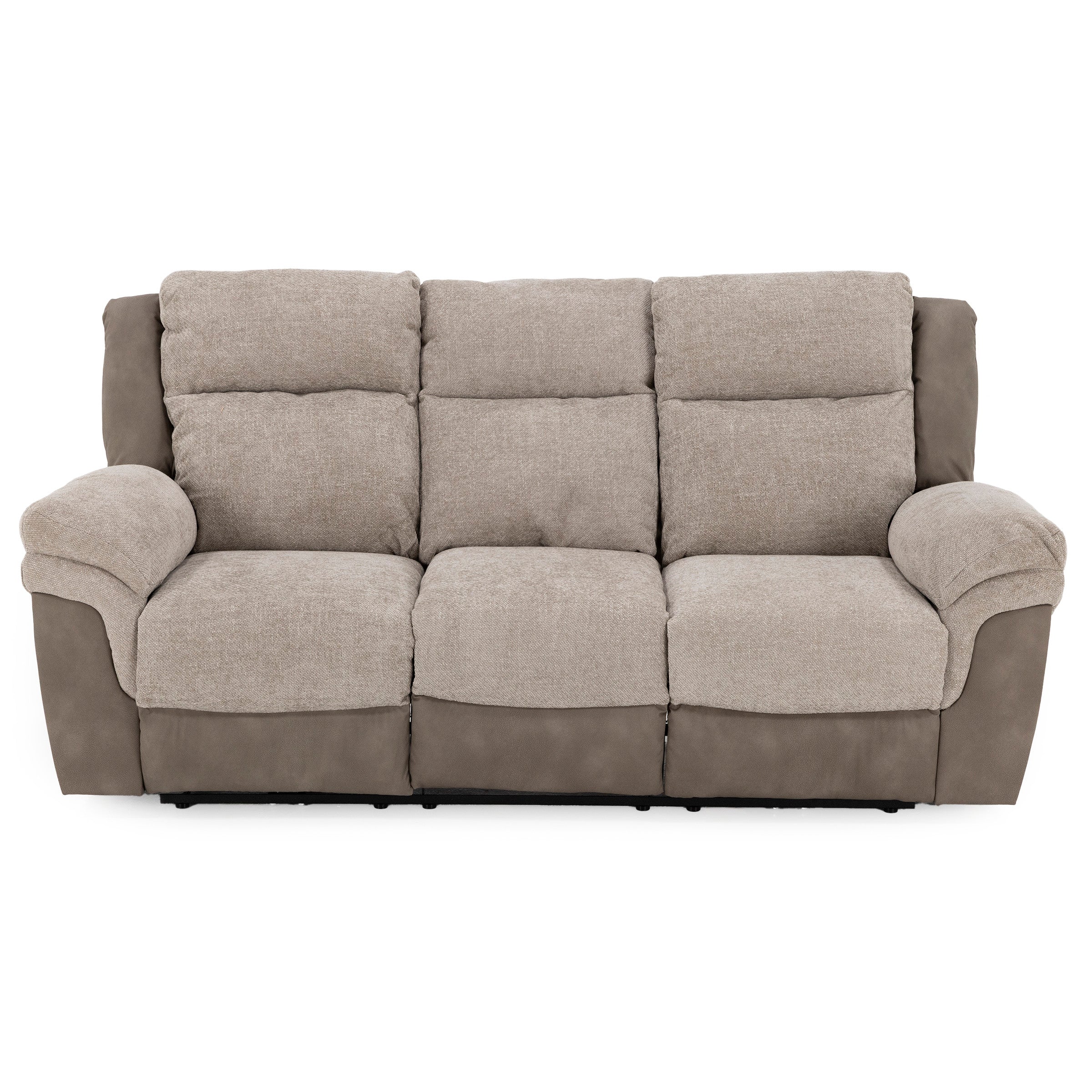 Beige three-seat sofa with plush cushions and wide armrests, front view.