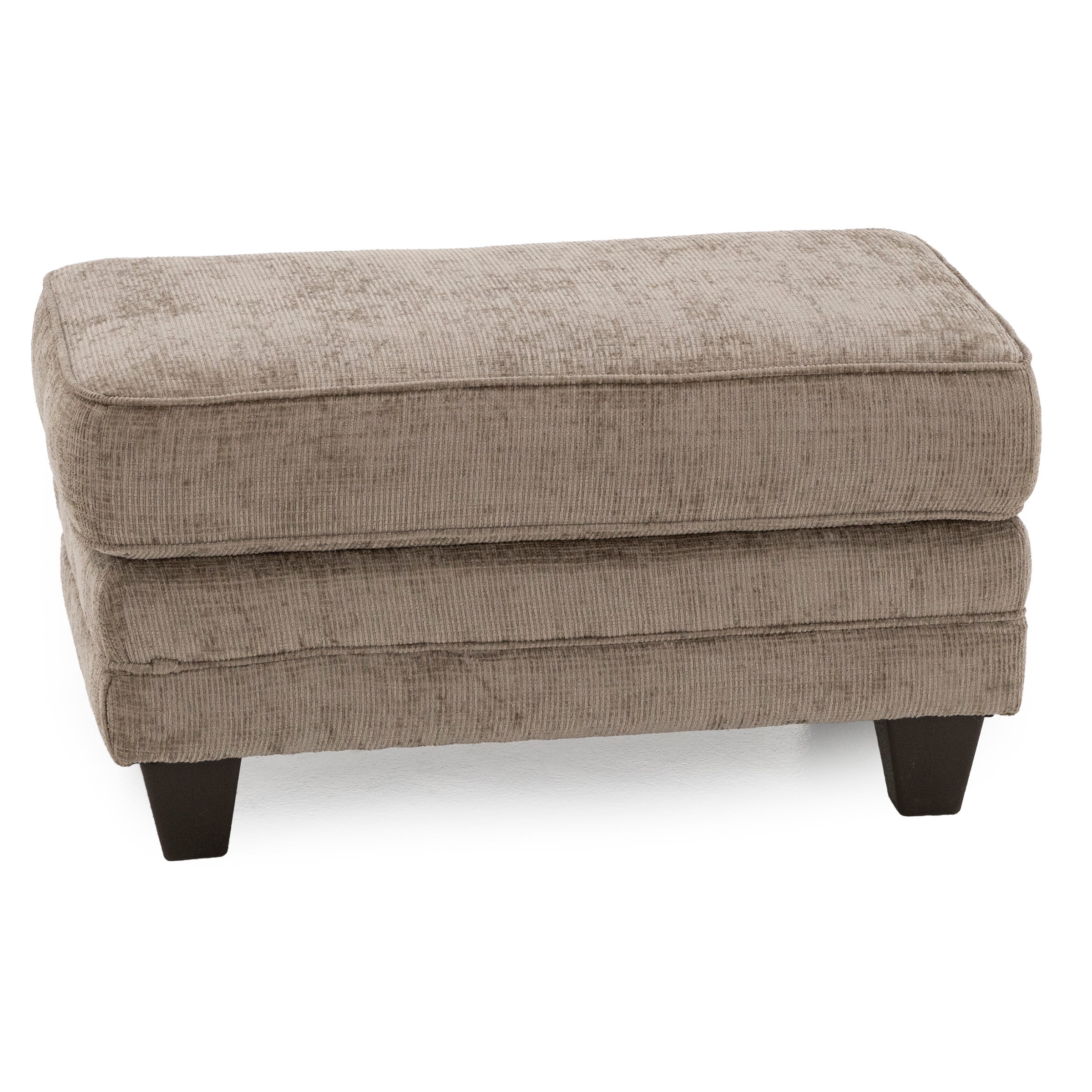 Rectangular beige ottoman with textured fabric and dark wooden legs.
