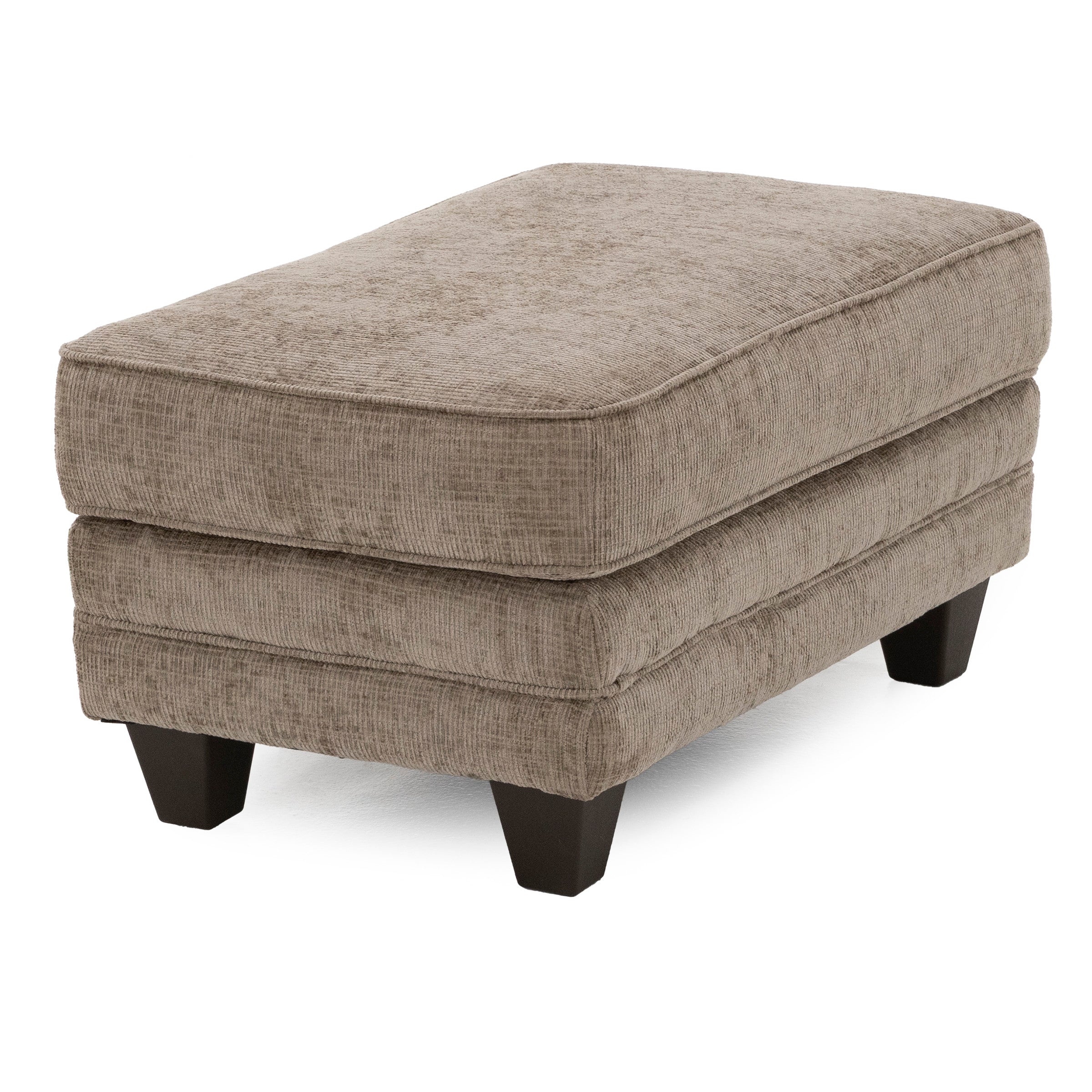 Beige upholstered rectangular ottoman with dark wooden legs.