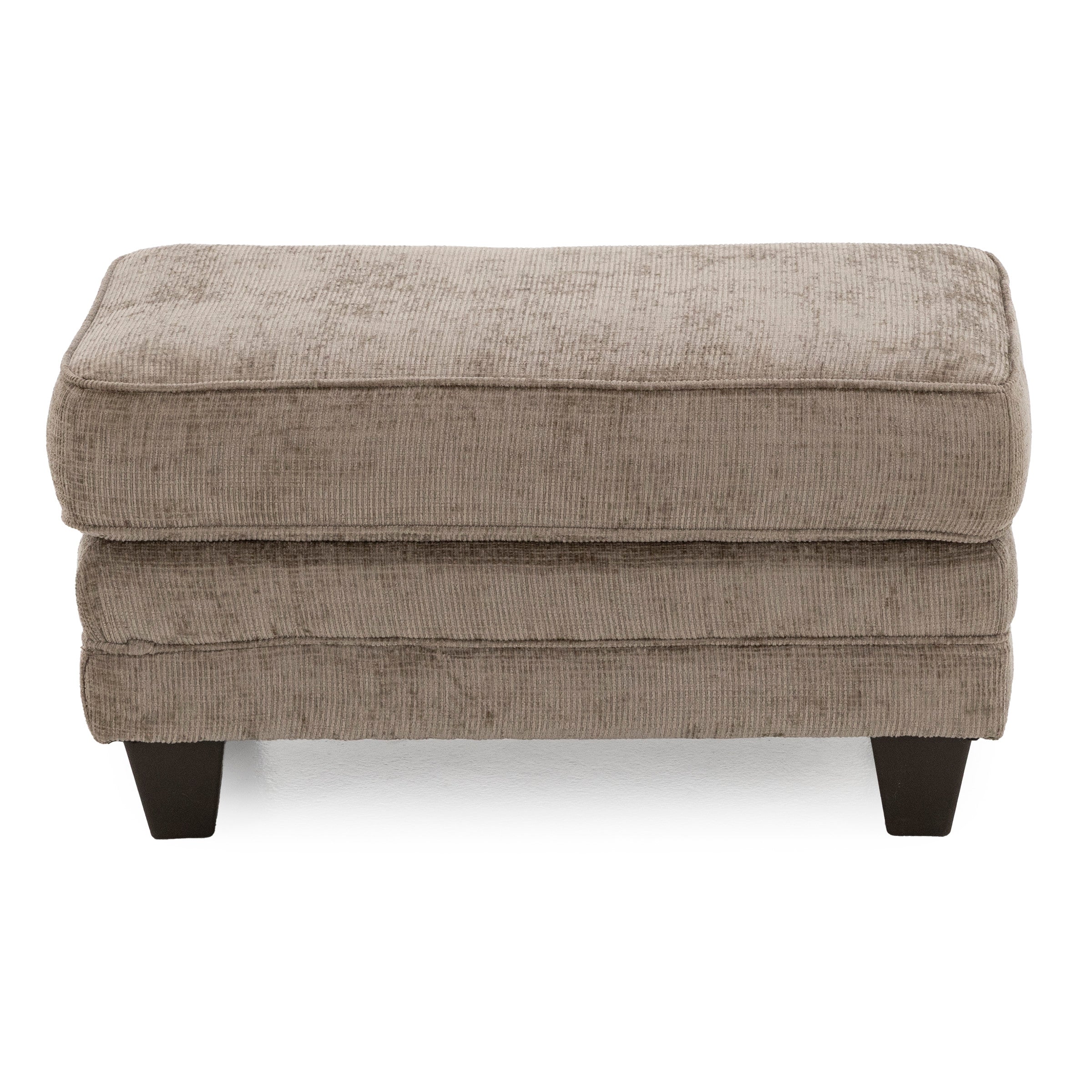 Beige upholstered rectangular ottoman with wood legs.
