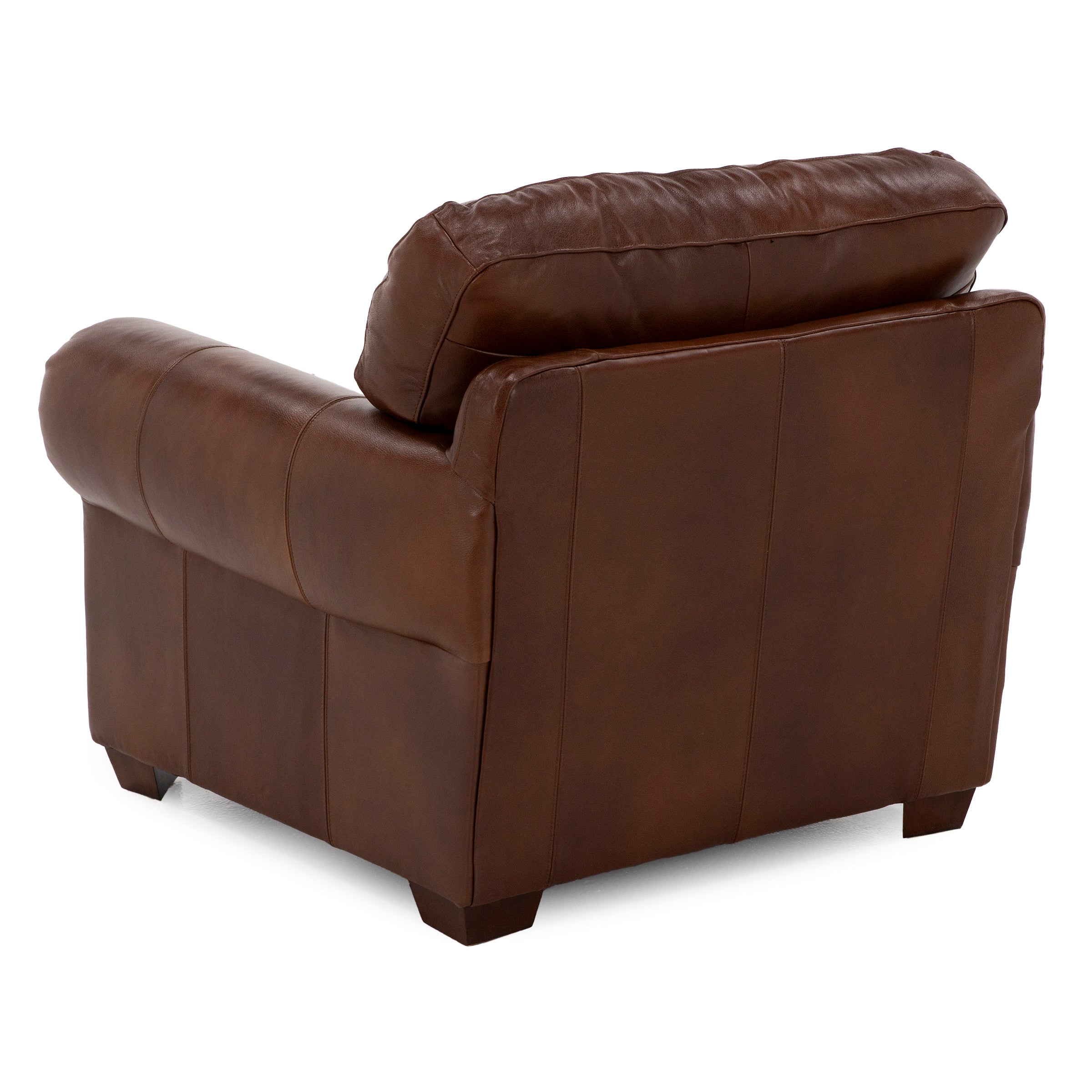 Back view of a brown leather armchair with plush cushions.