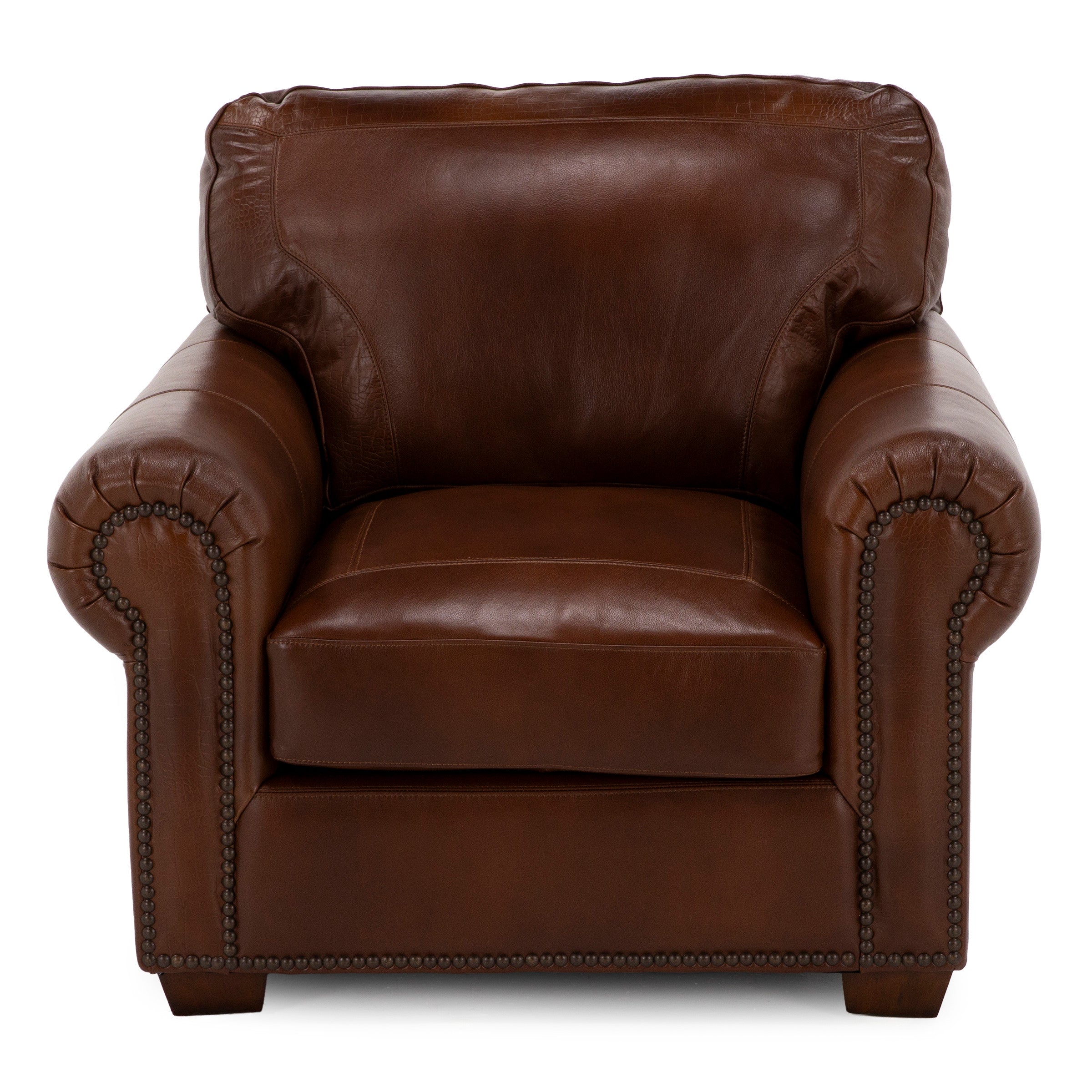 Brown leather armchair with rolled arms and nailhead trim, front view.