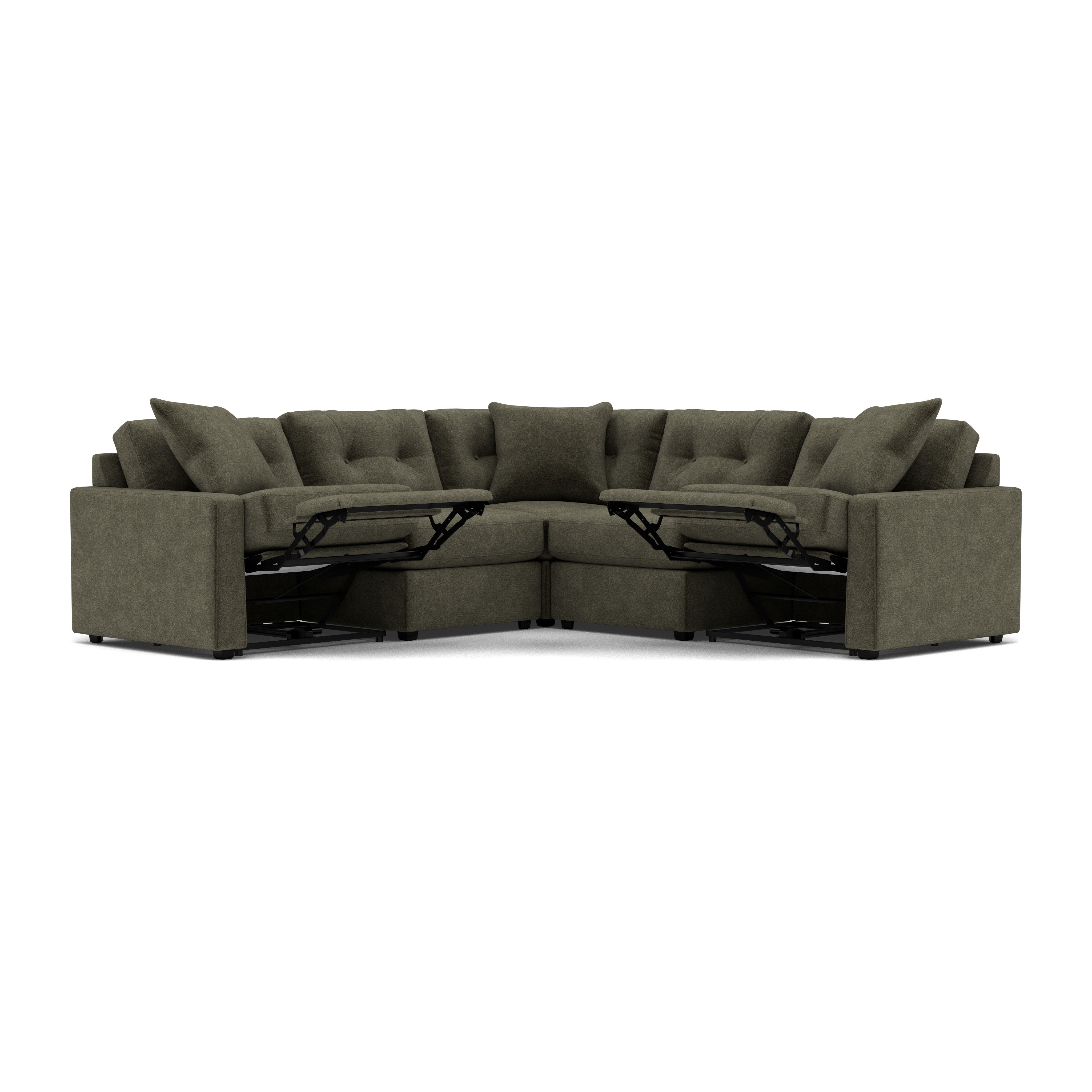 Dark gray L-shaped sectional sofa with reclining seats, shown against a white background.