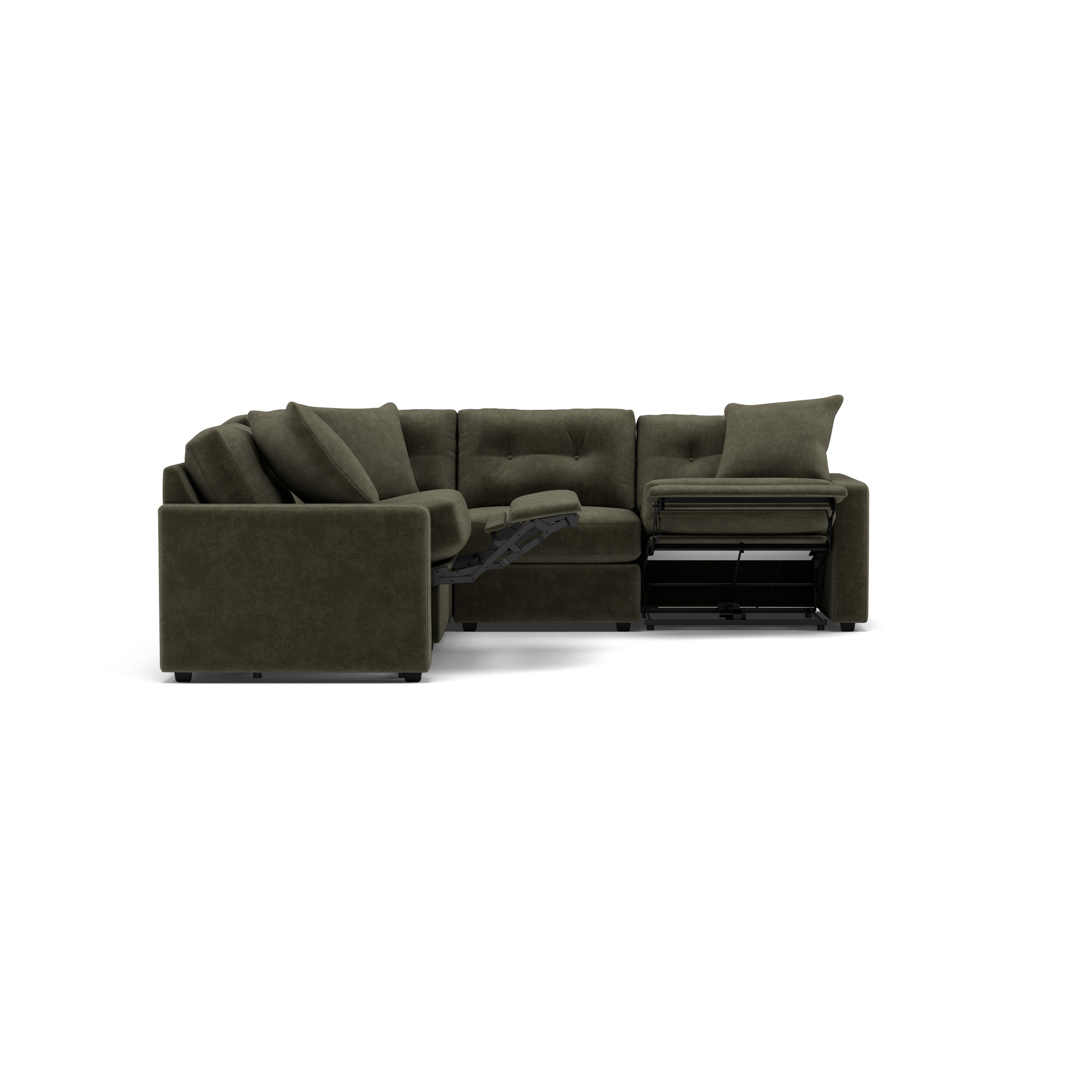 Dark green sectional sofa with two extended reclining seats, shown on a white background.