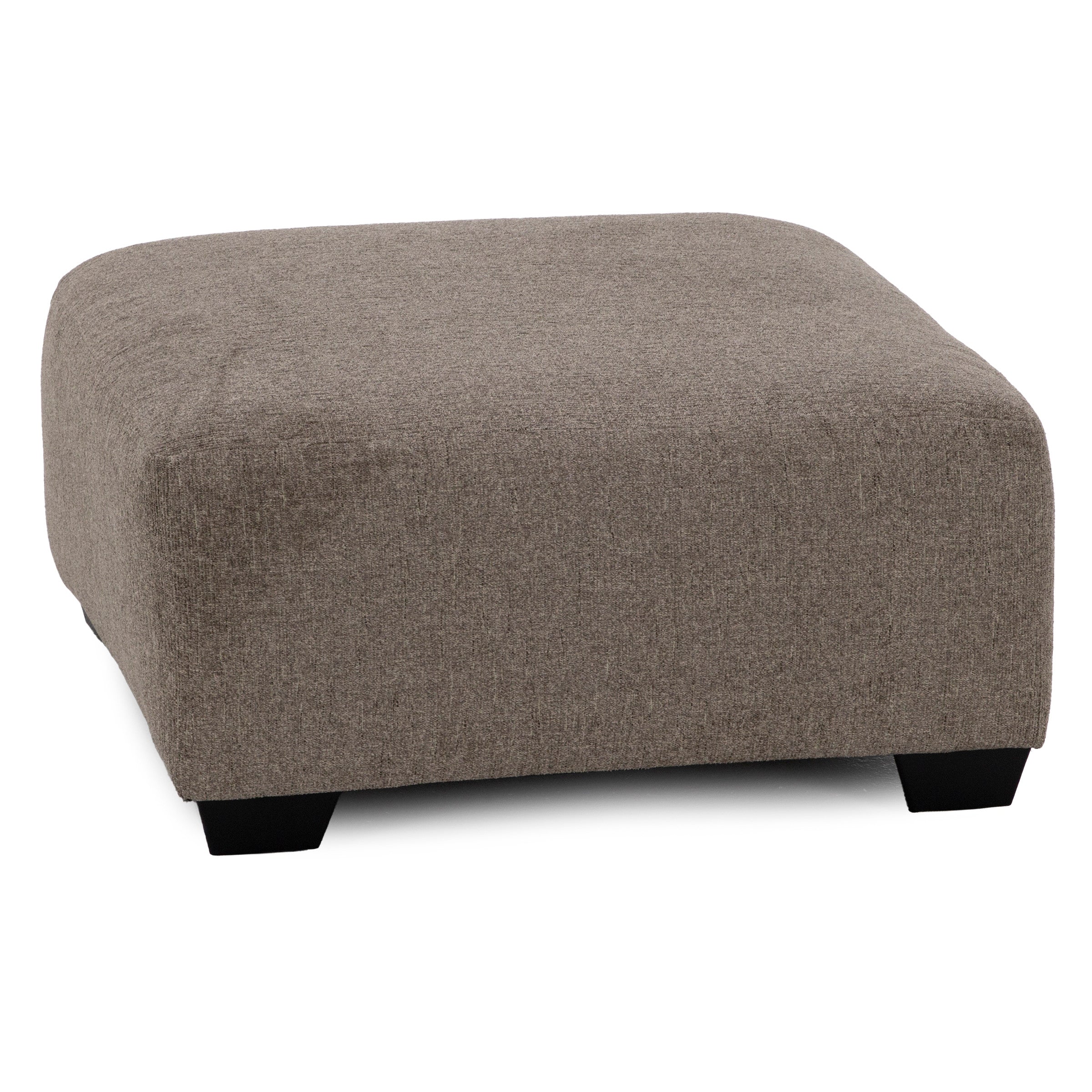 Square, upholstered taupe ottoman with low black legs.