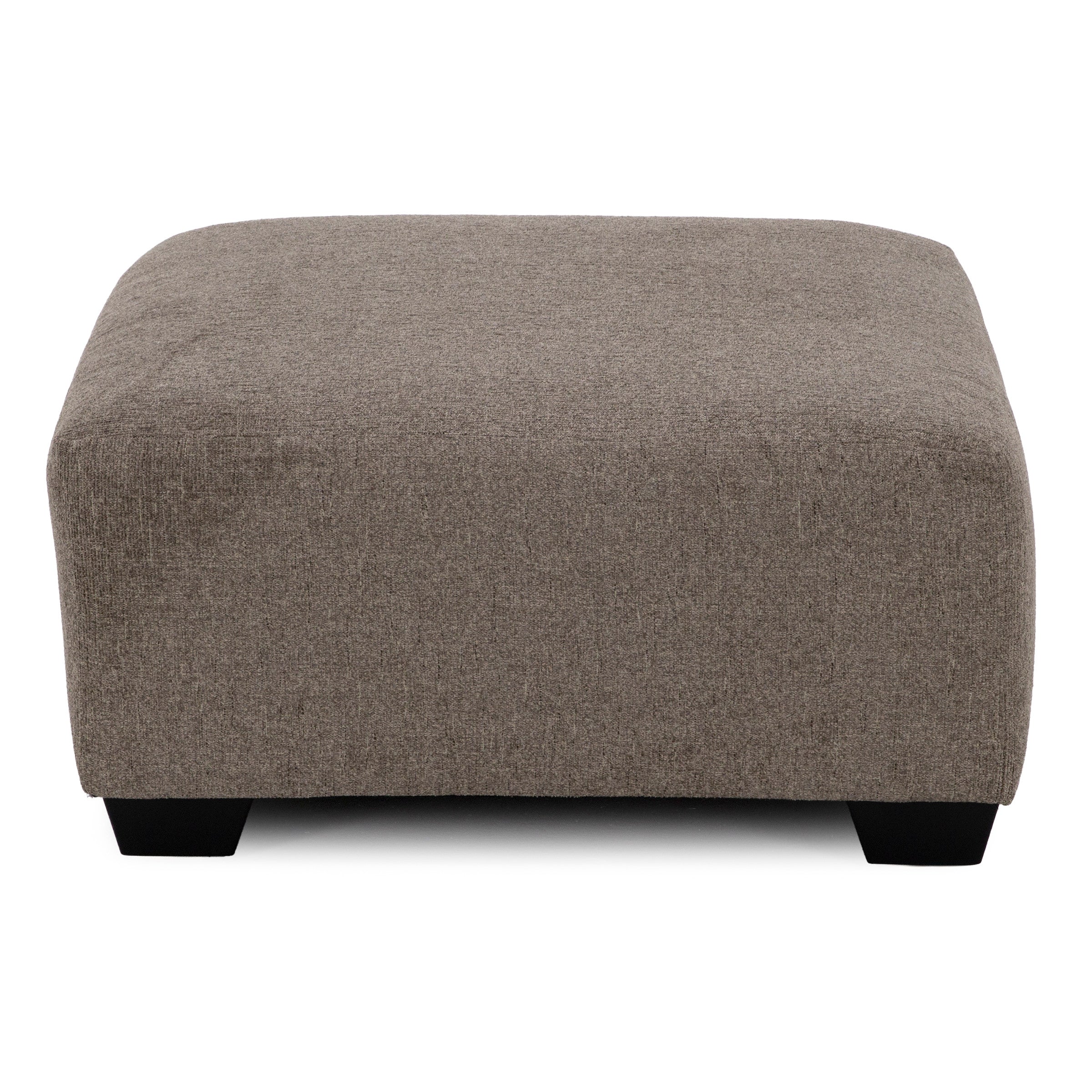 Square, upholstered brown ottoman with short black legs.