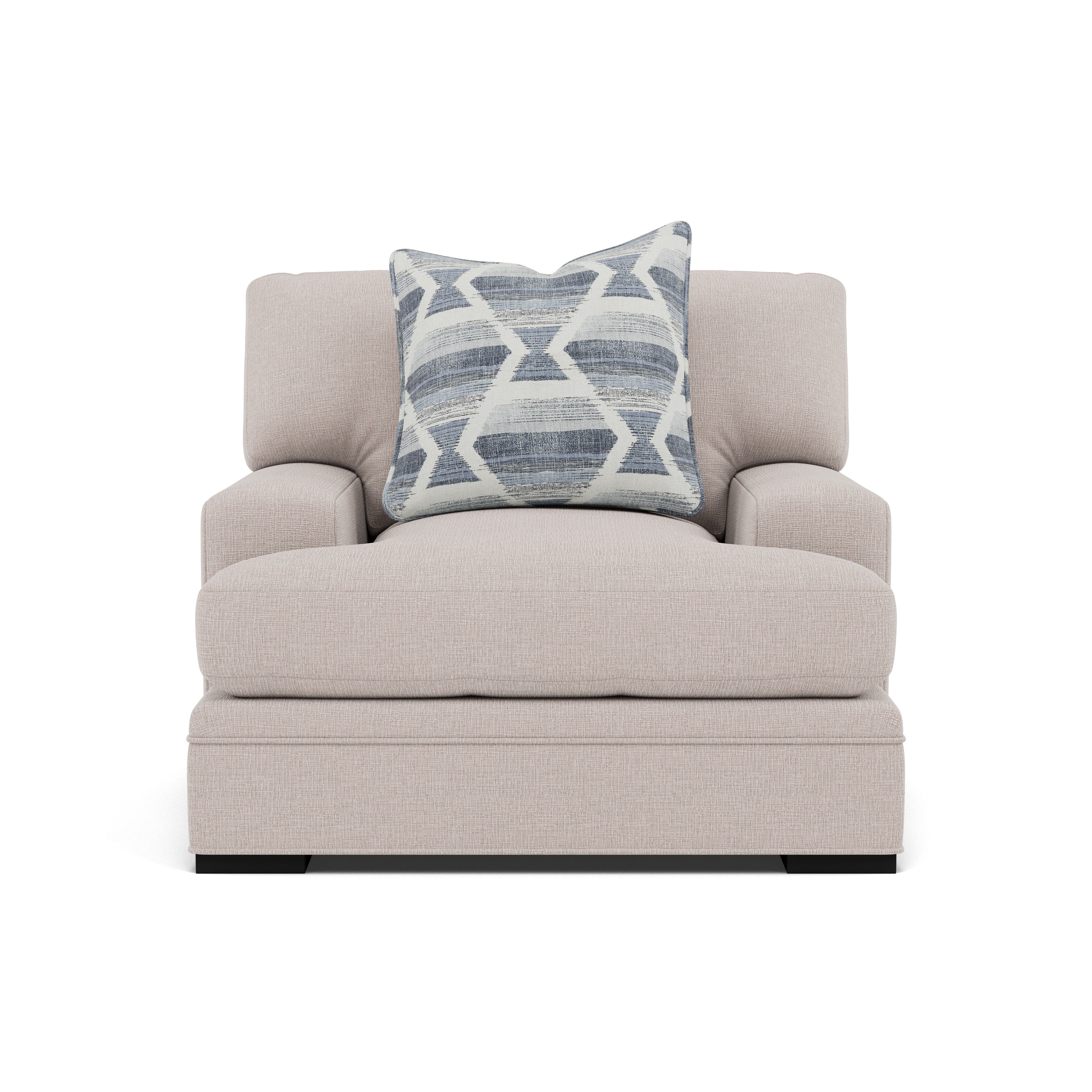 Beige armchair with patterned blue and white pillow, front view.