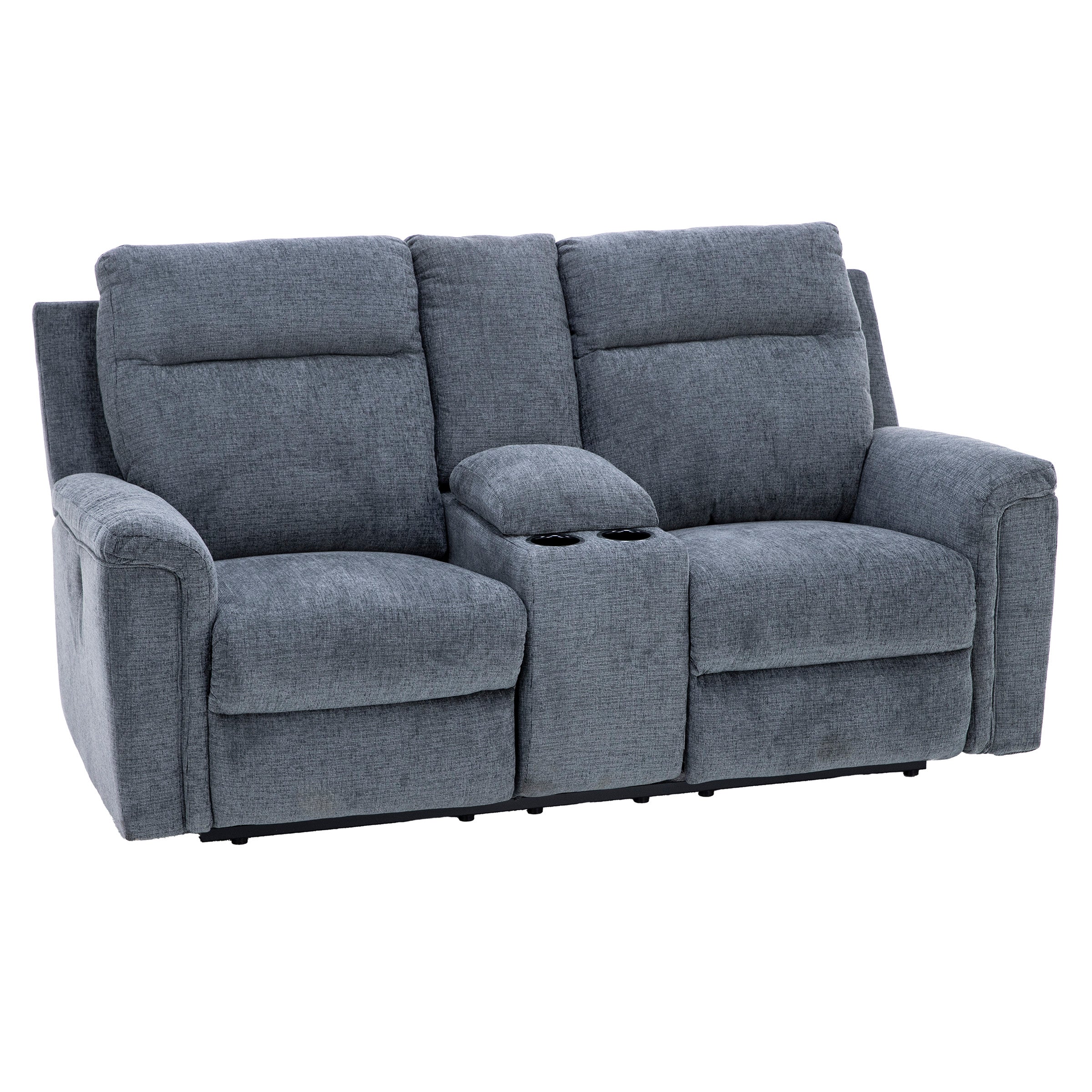 Gray reclining loveseat with center console and dual cup holders