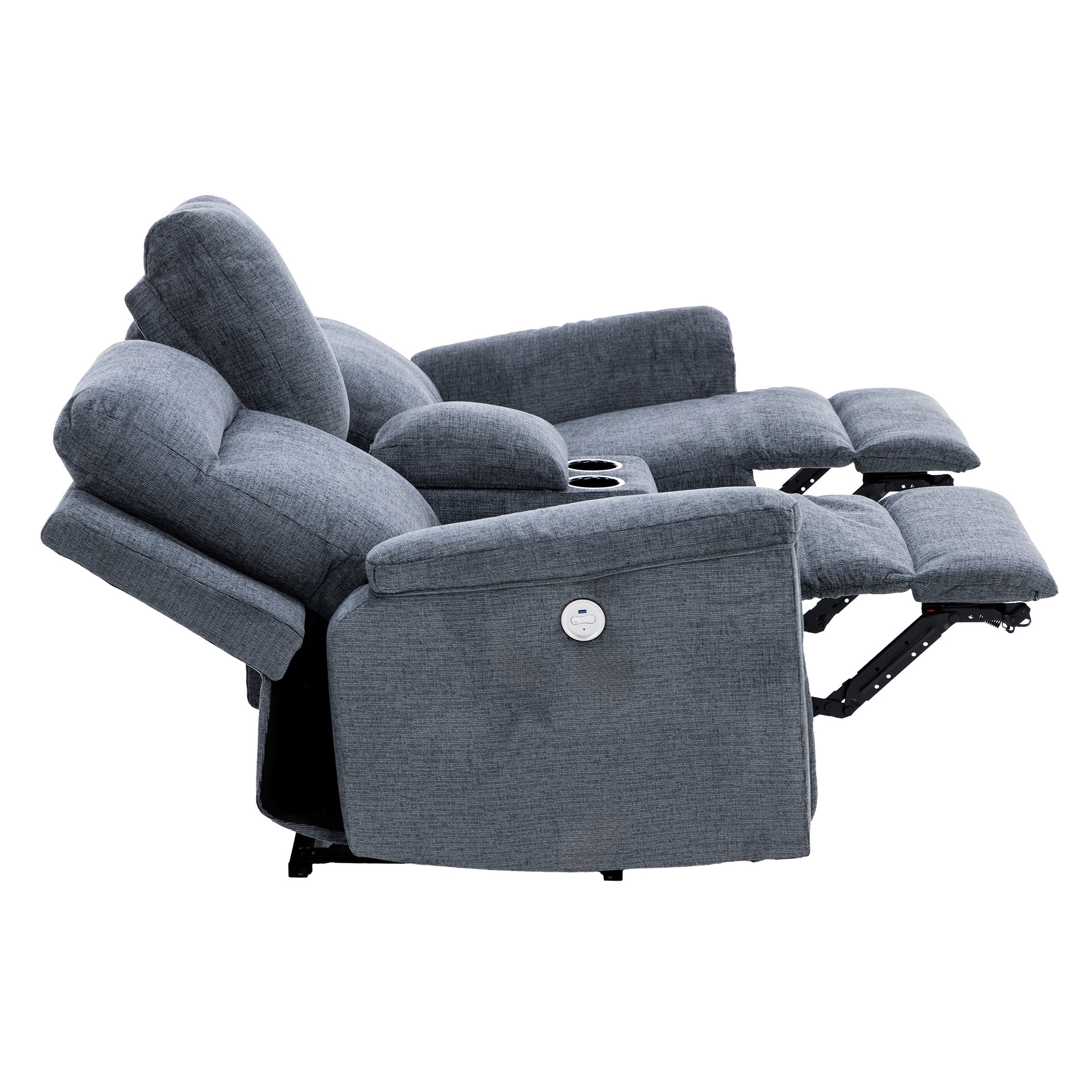 Side view of a gray reclining loveseat with raised footrests and cup holders in the center console.