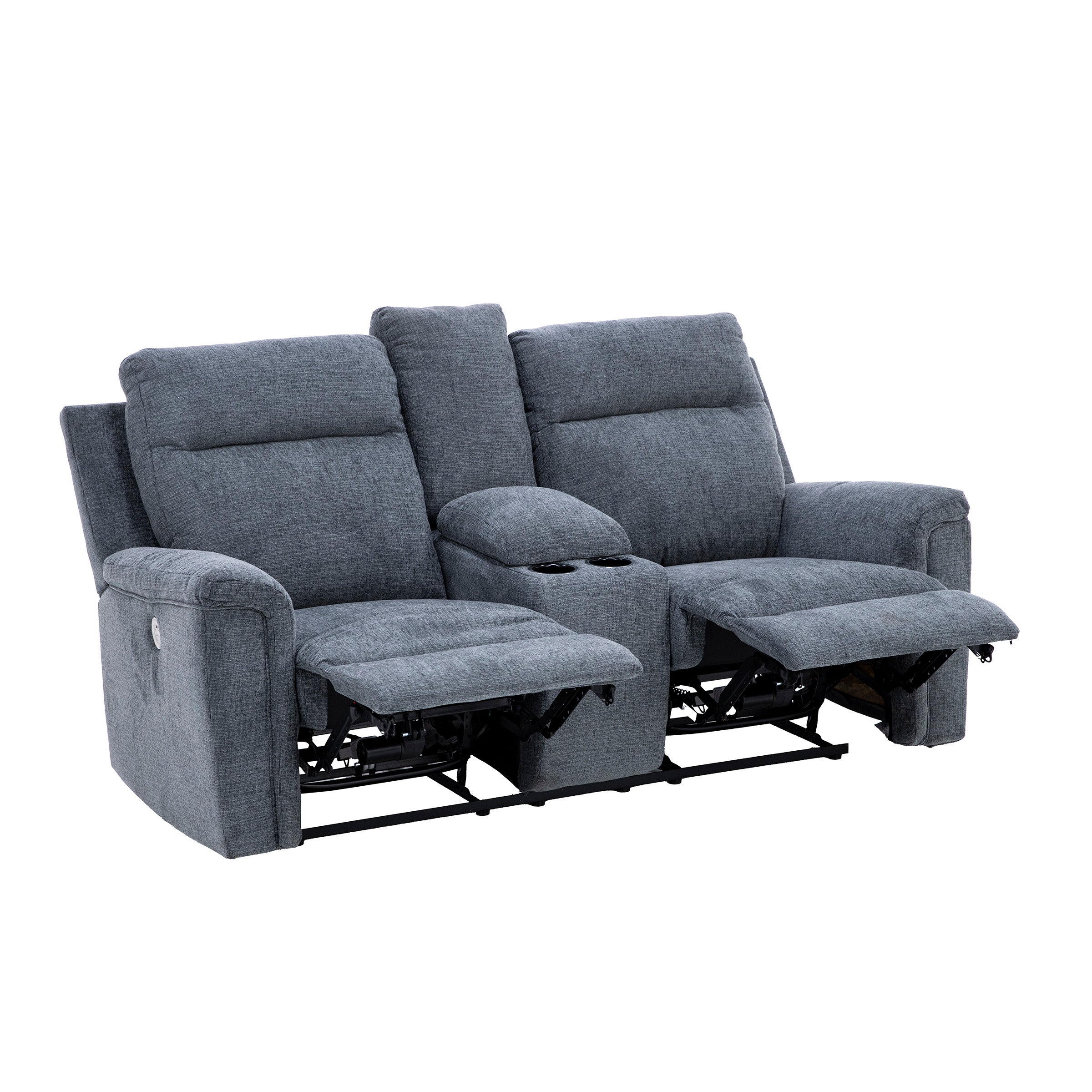Gray fabric reclining loveseat with center console and cupholders.