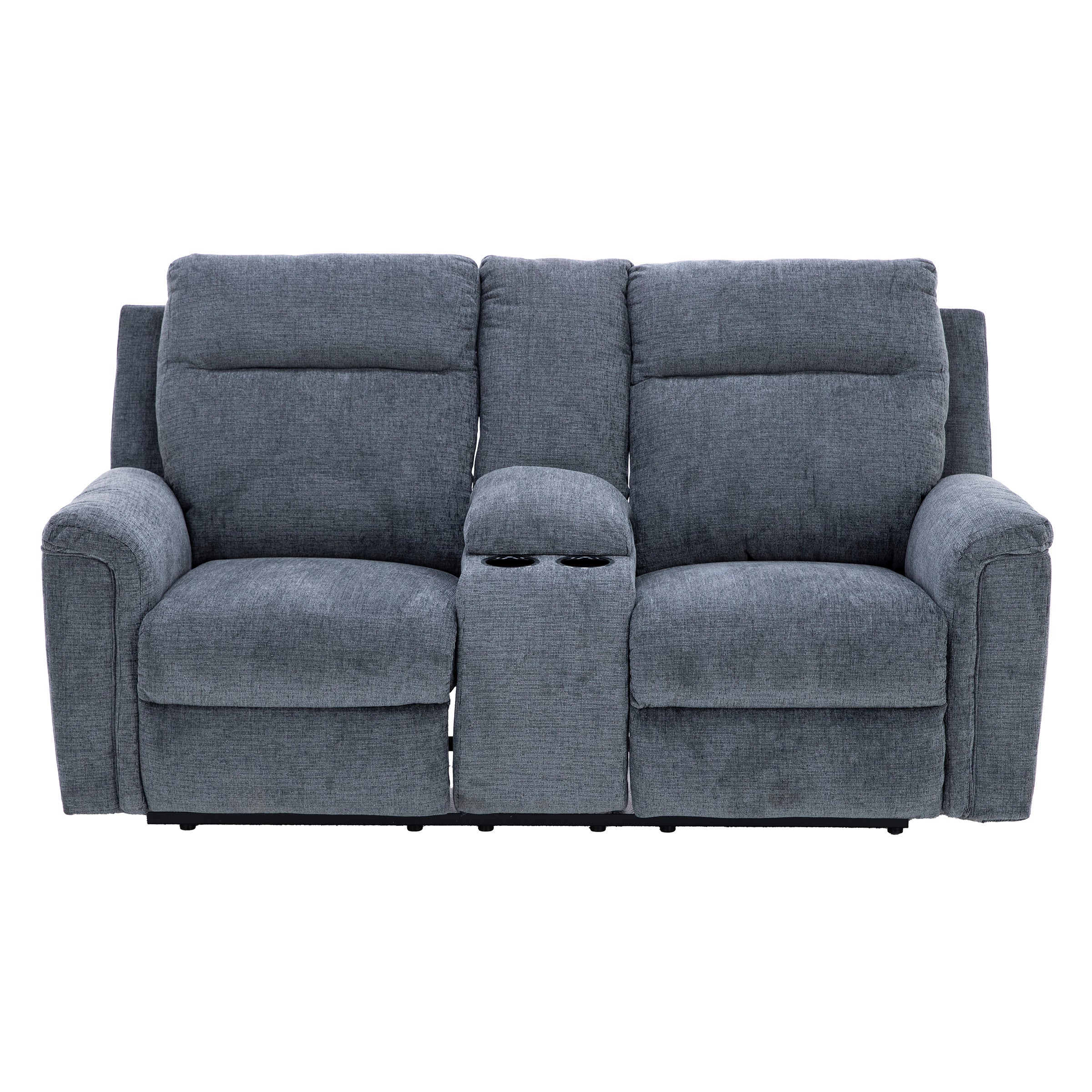 Gray two-seat reclining loveseat with center console and cup holders.