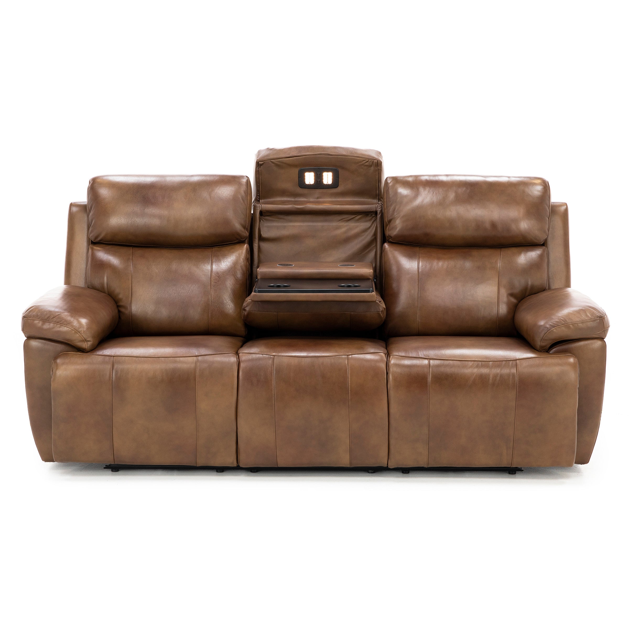Direct Designs Evanston Leather Fully Loaded Reclining Sofa with Air Massage, Heat & Drop Down Table