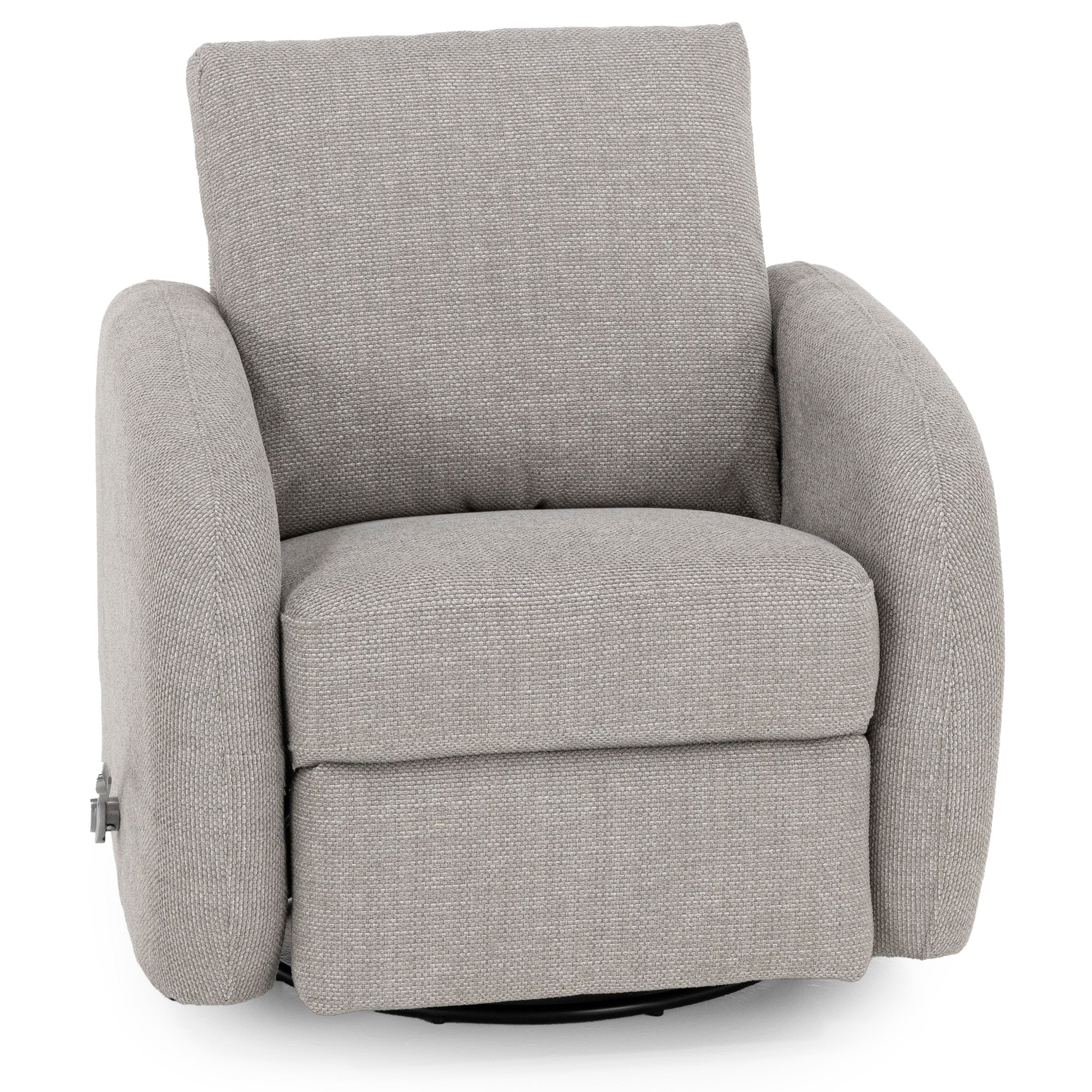 Light gray upholstered swivel glider chair with plush armrests and backrest.