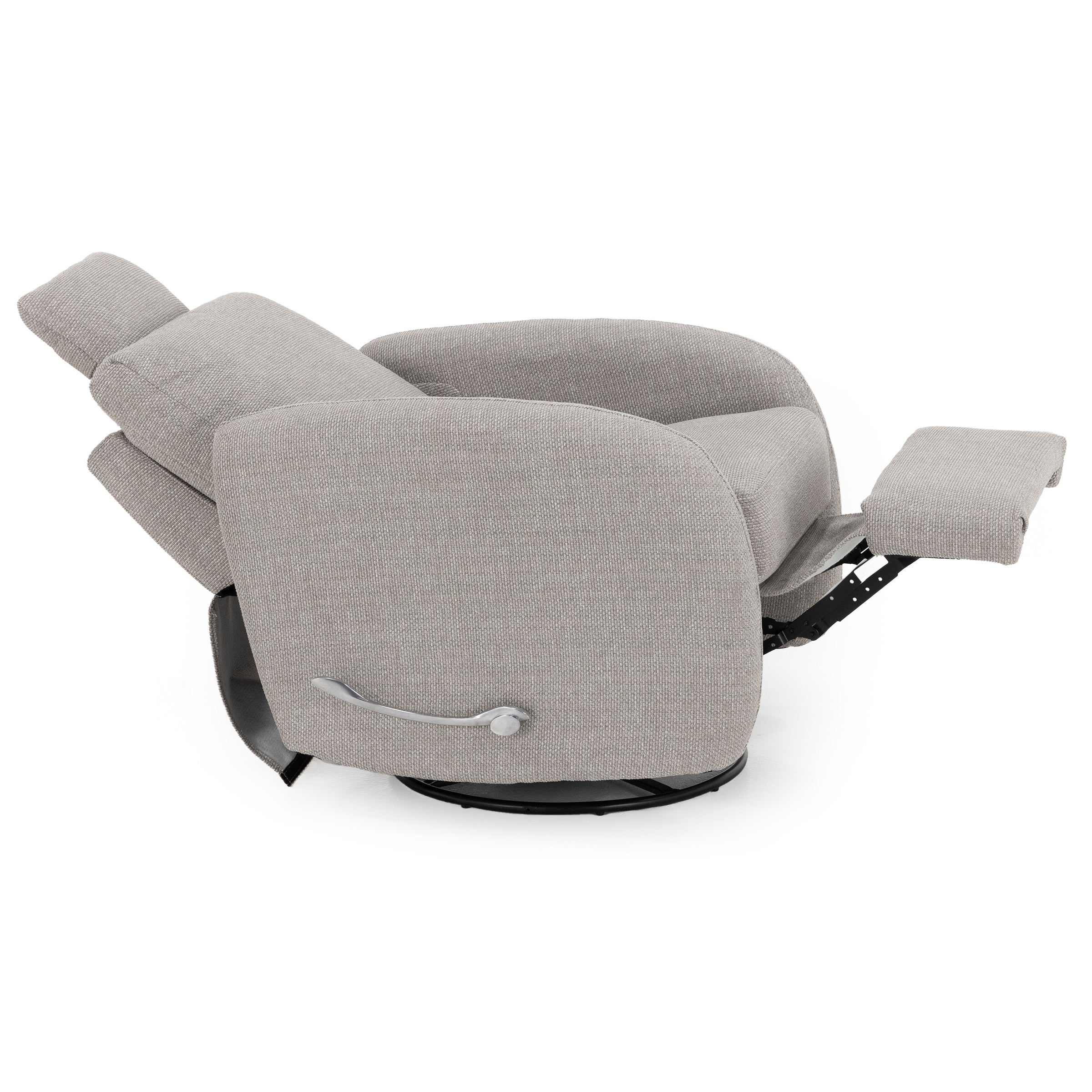 Side view of a light gray fabric recliner chair with extended footrest.